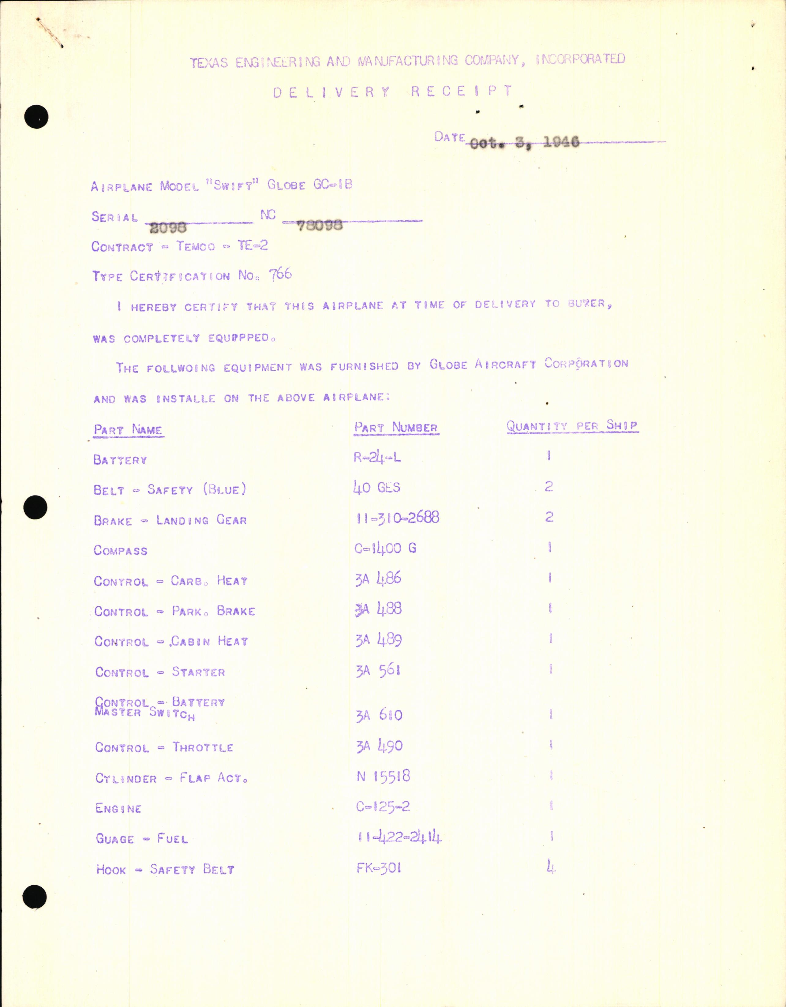 Sample page 3 from AirCorps Library document: Technical Information for Serial Number 2098