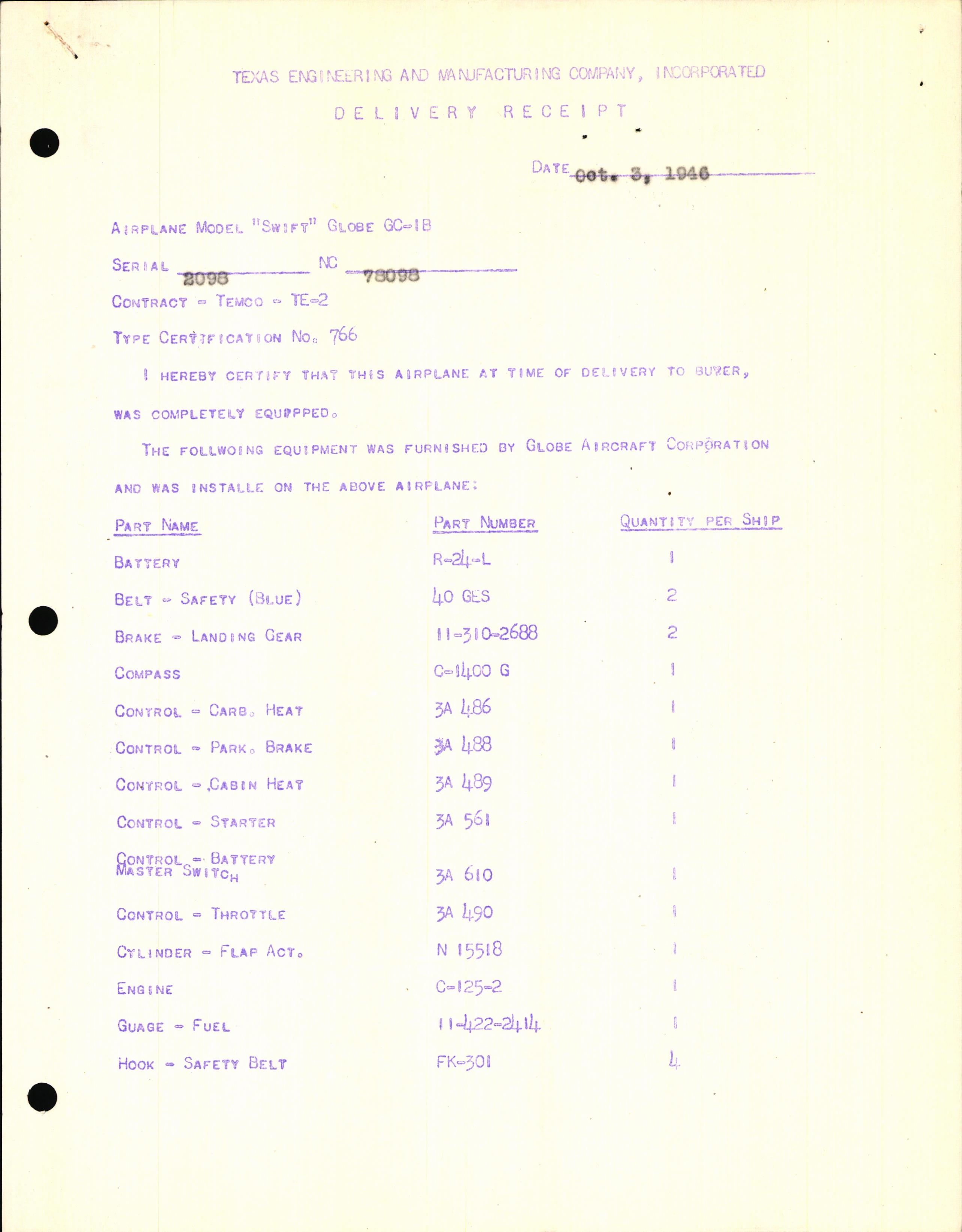 Sample page 3 from AirCorps Library document: Technical Information for Serial Number 2098