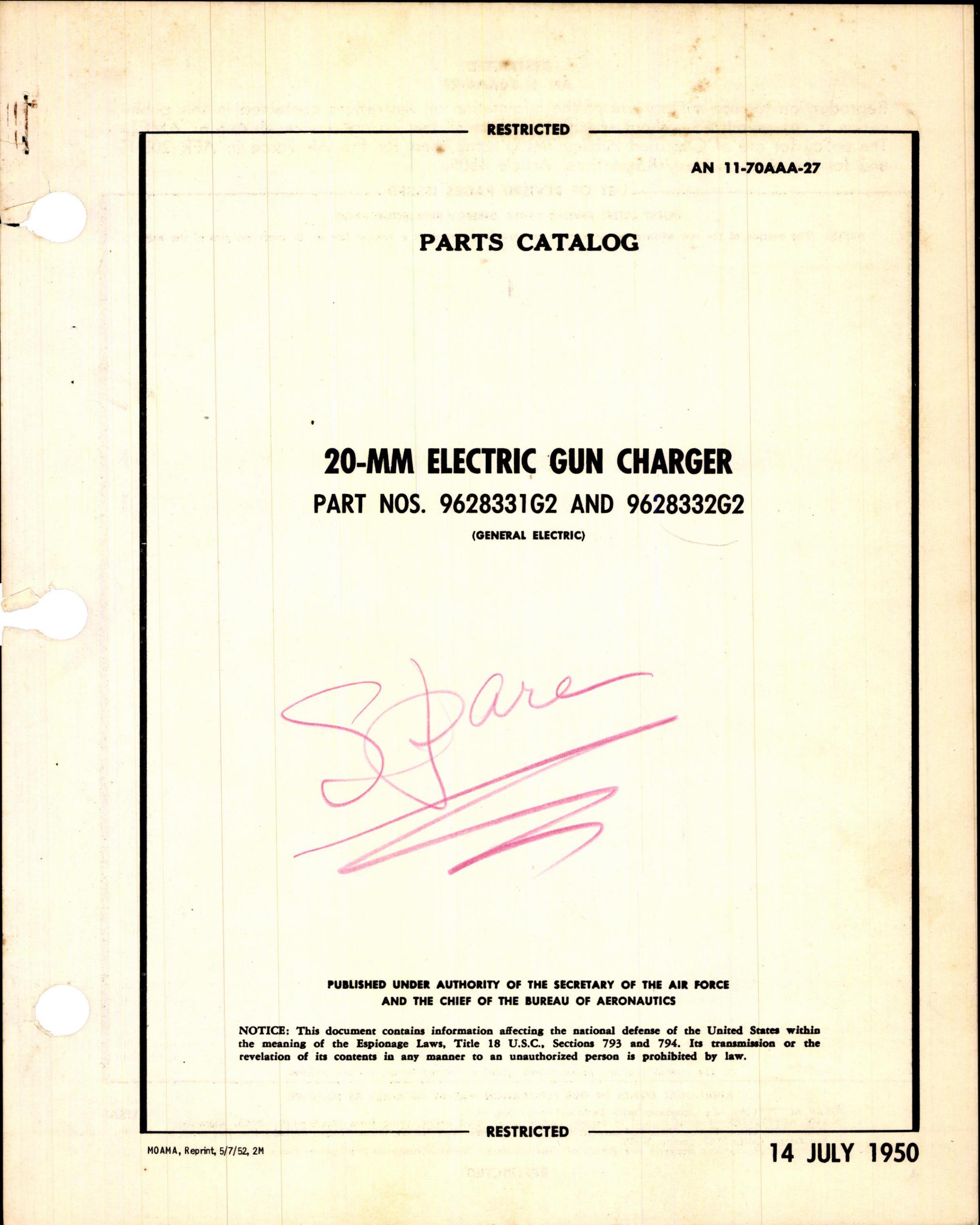 Sample page 1 from AirCorps Library document: 20-MM Electric Gun Charger Part No 9628331G2 & 9628332G2