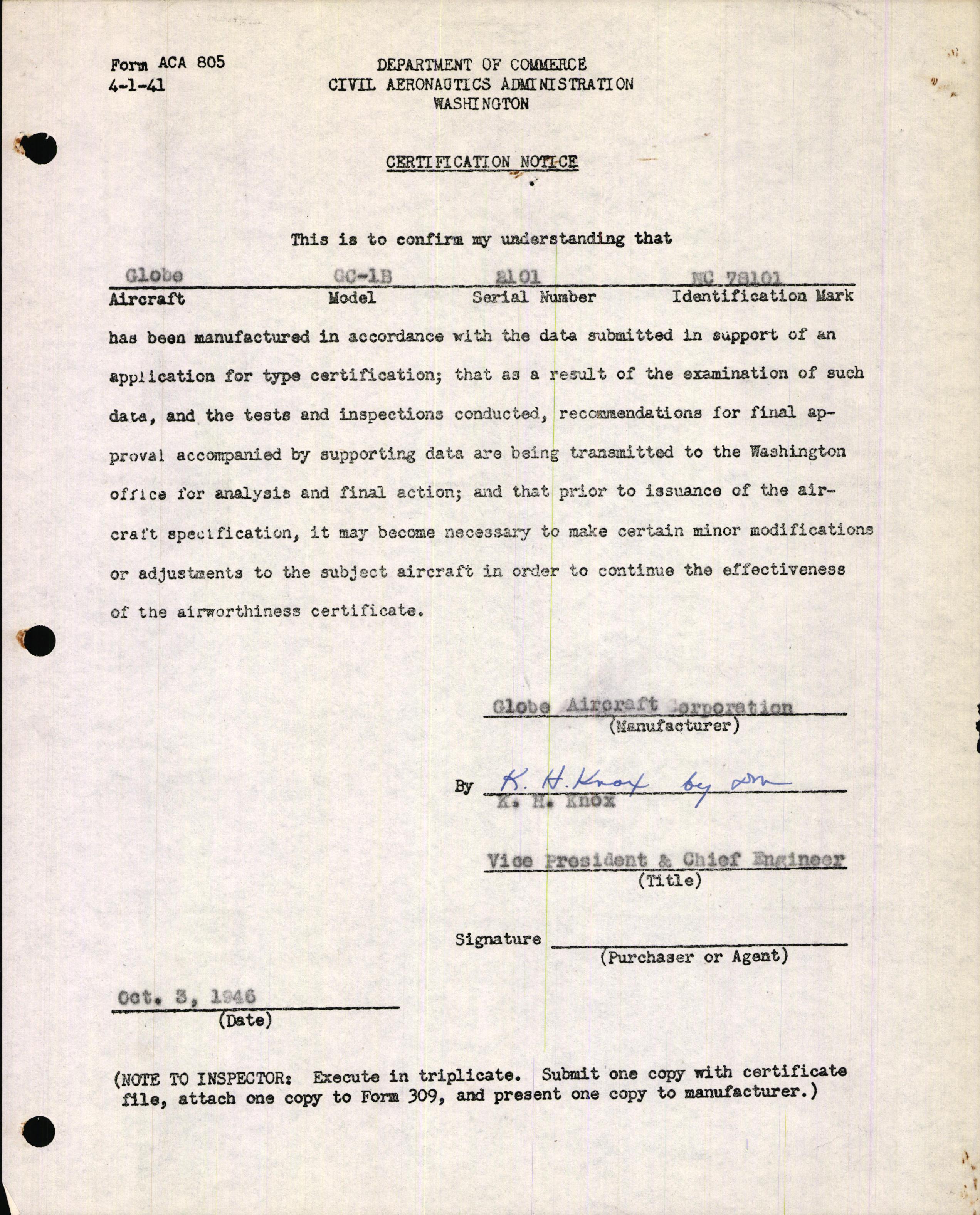 Sample page 1 from AirCorps Library document: Technical Information for Serial Number 2101
