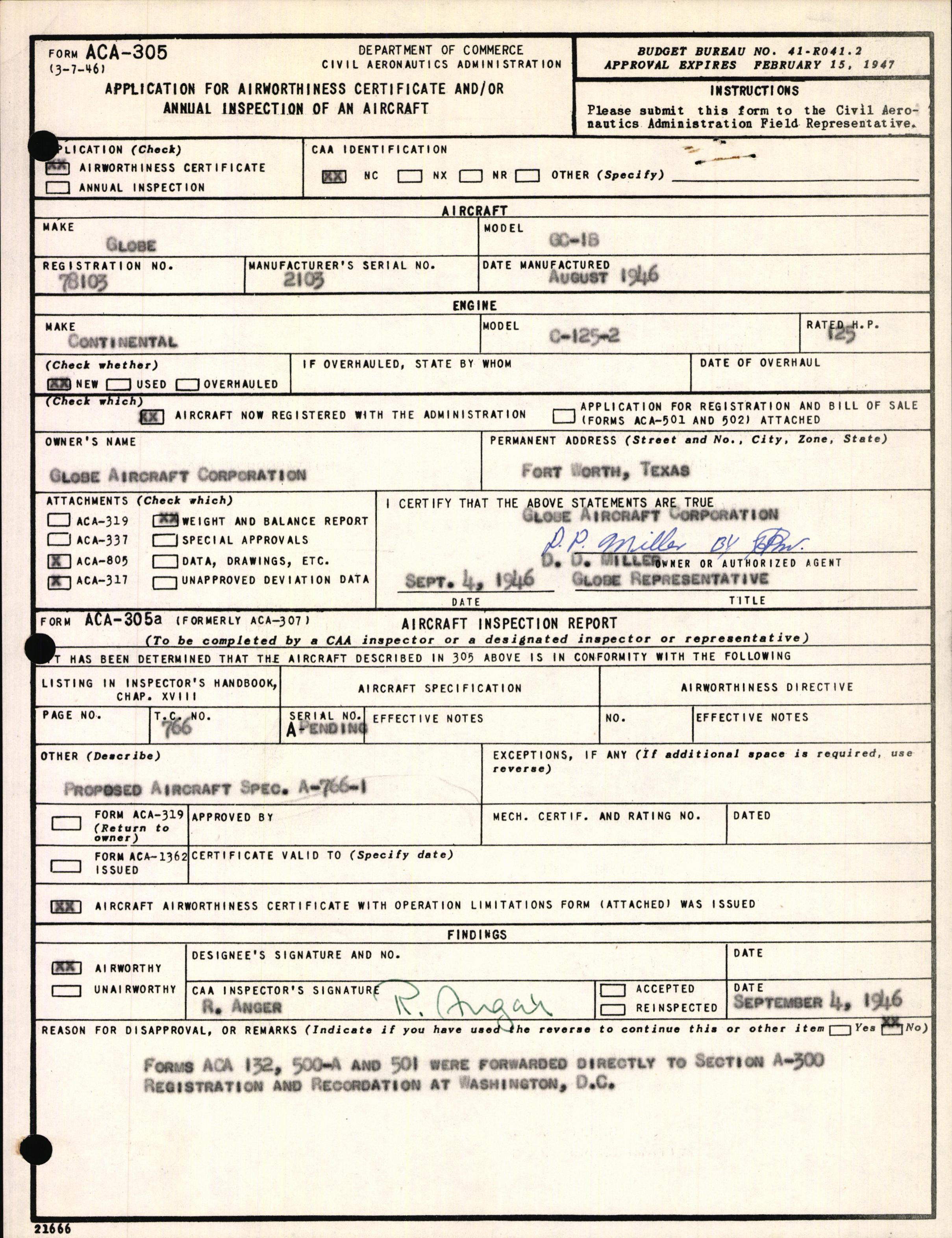 Sample page 1 from AirCorps Library document: Technical Information for Serial Number 2103