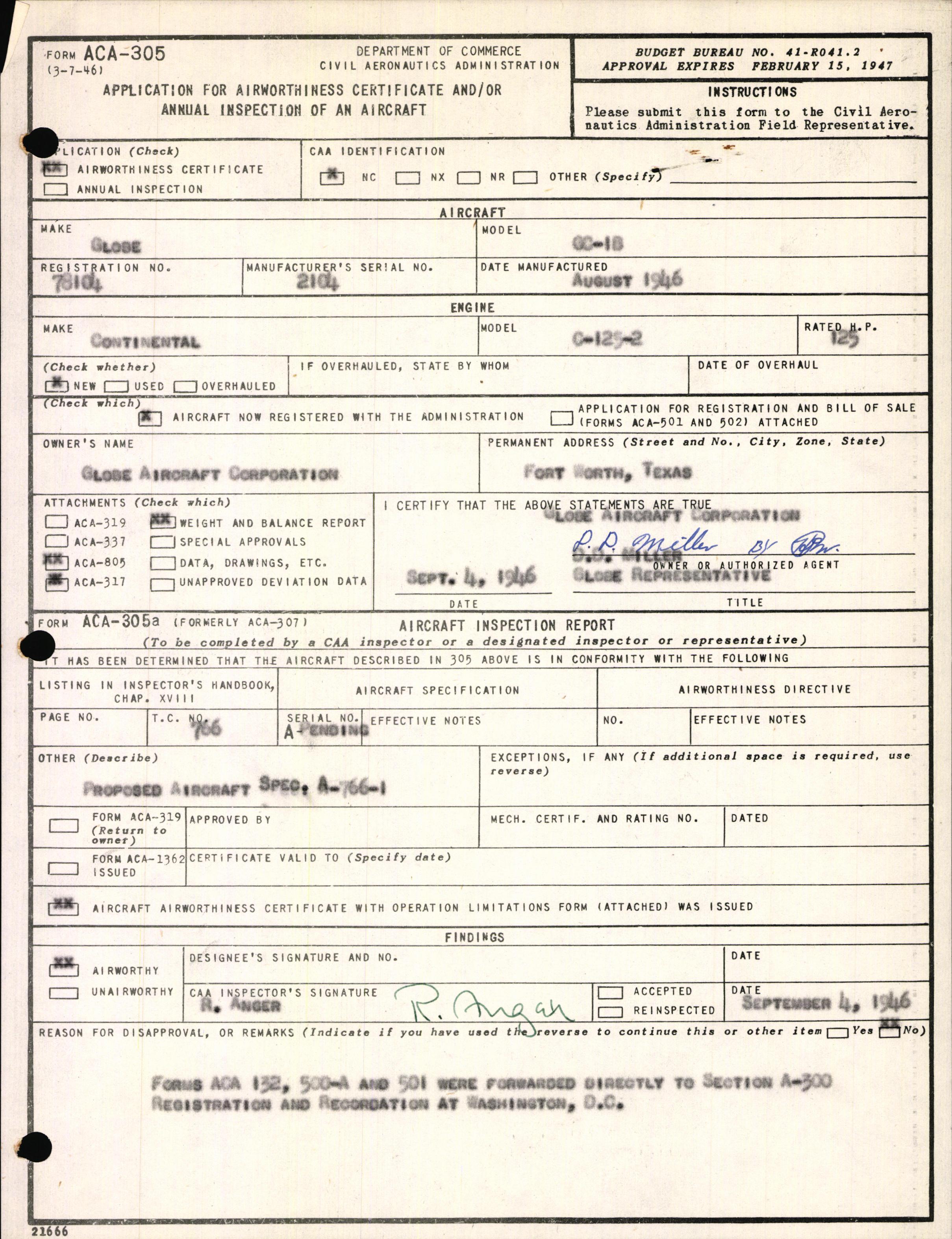 Sample page 1 from AirCorps Library document: Technical Information for Serial Number 2104