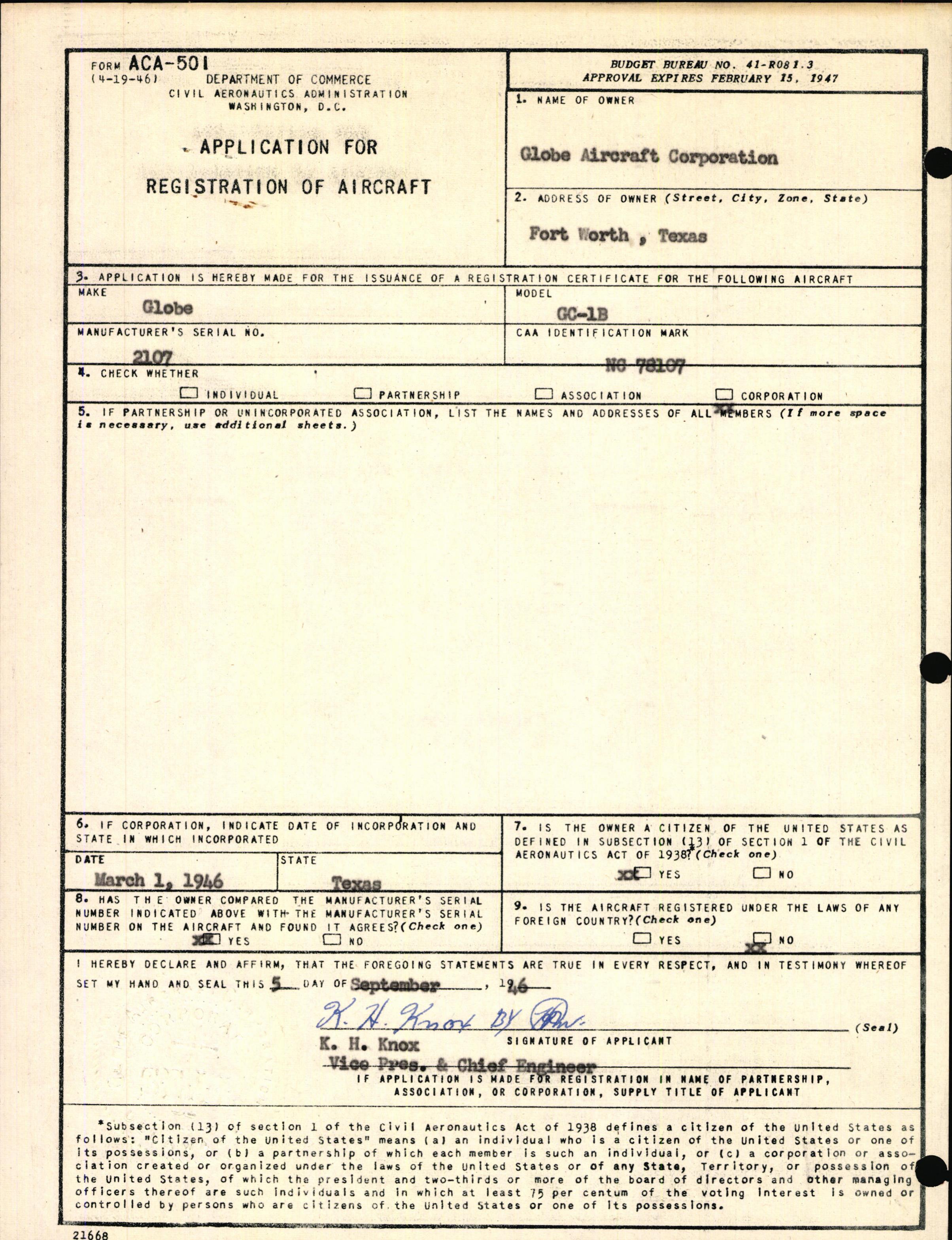 Sample page 1 from AirCorps Library document: Technical Information for Serial Number 2107