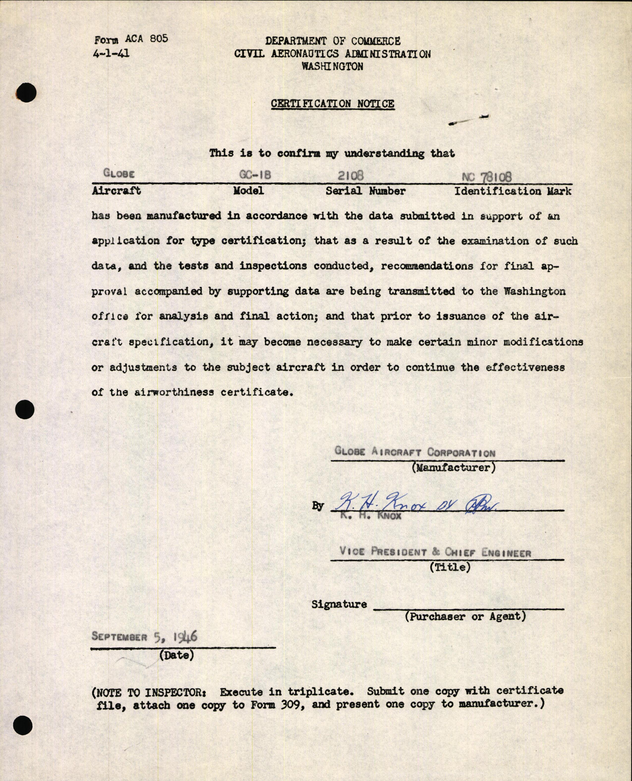 Sample page 1 from AirCorps Library document: Technical Information for Serial Number 2108