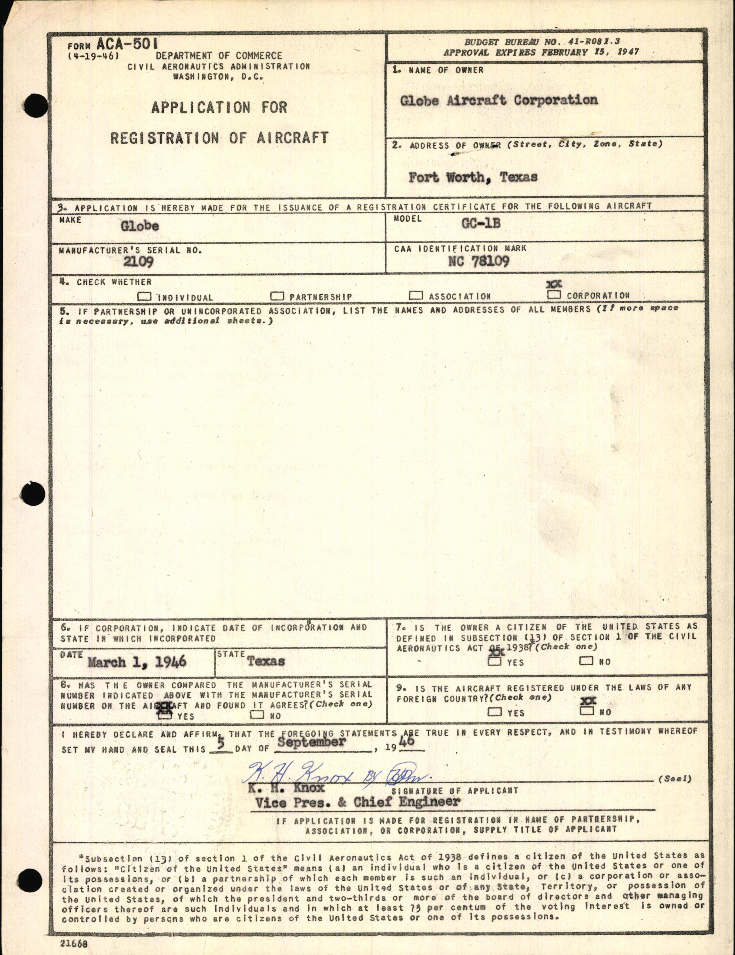 Sample page 1 from AirCorps Library document: Technical Information for Serial Number 2109
