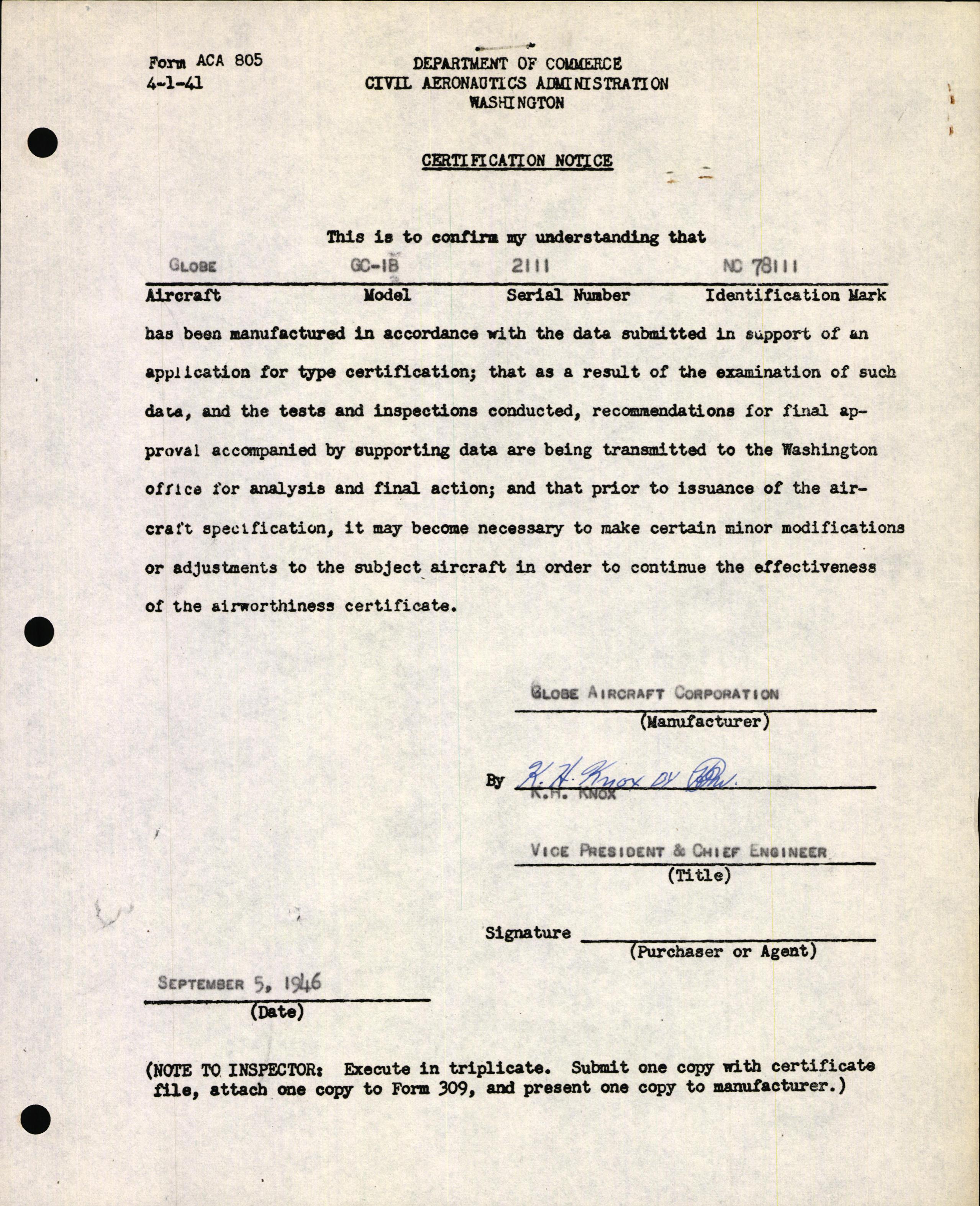 Sample page 1 from AirCorps Library document: Technical Information for Serial Number 2111