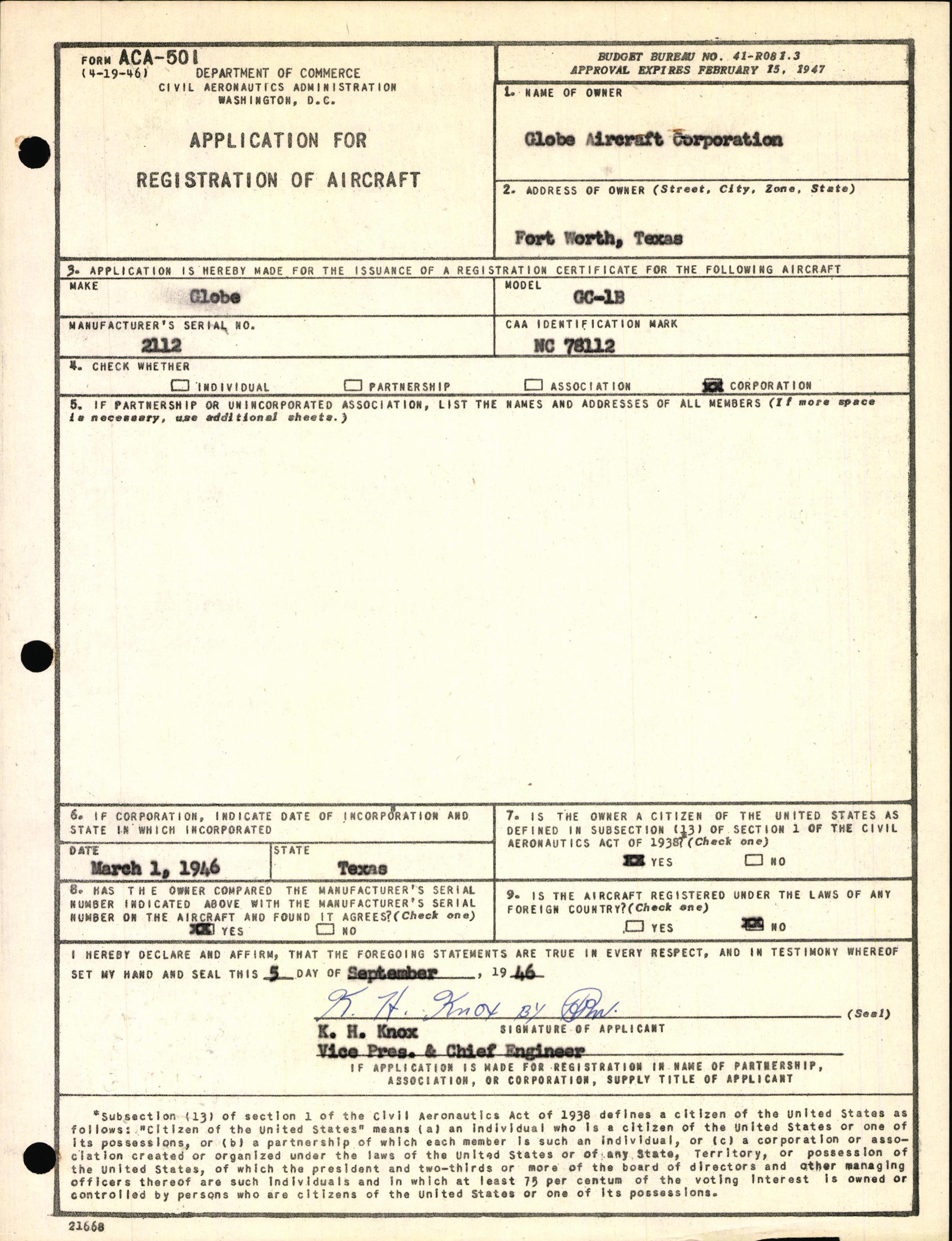 Sample page 1 from AirCorps Library document: Technical Information for Serial Number 2112