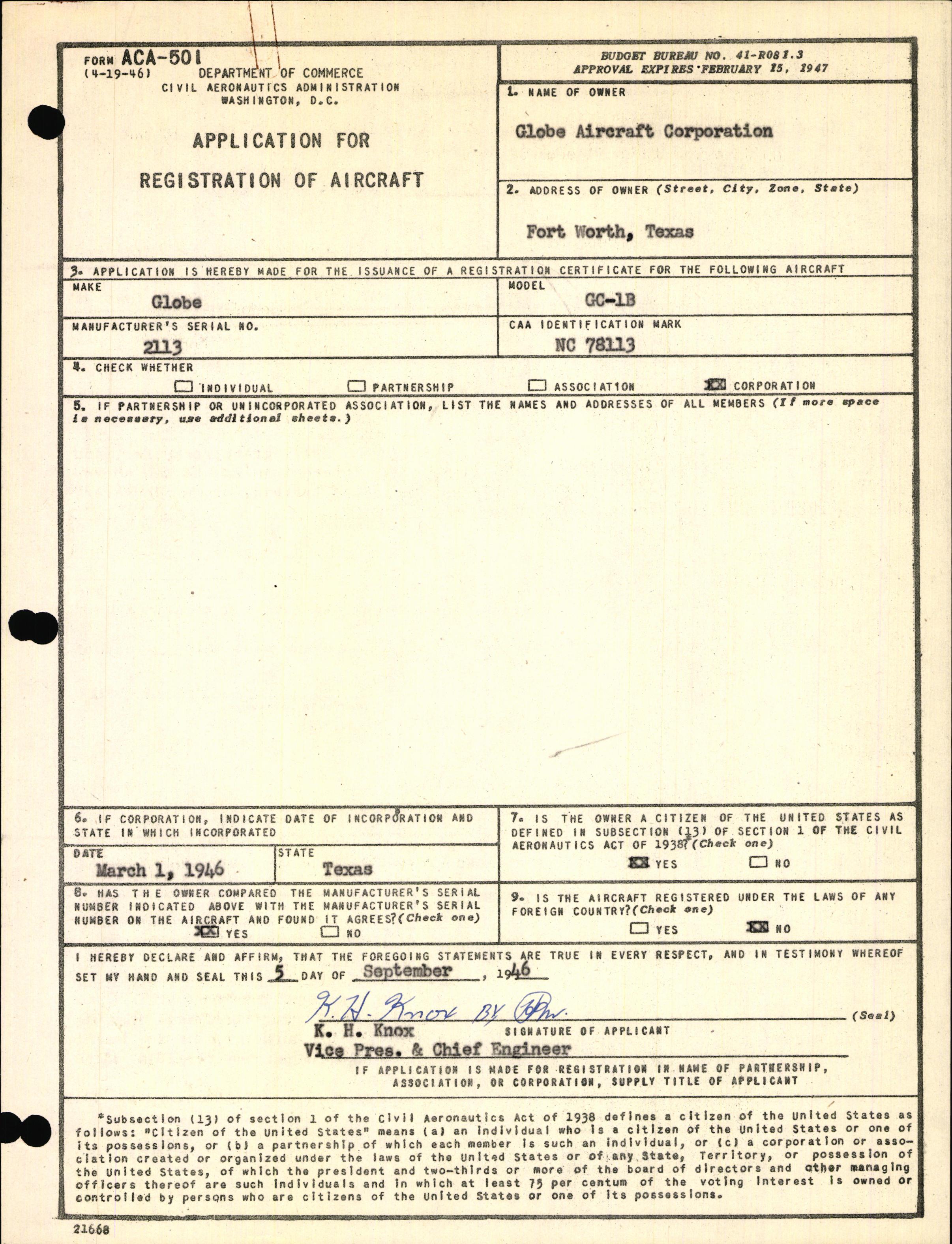 Sample page 1 from AirCorps Library document: Technical Information for Serial Number 2113