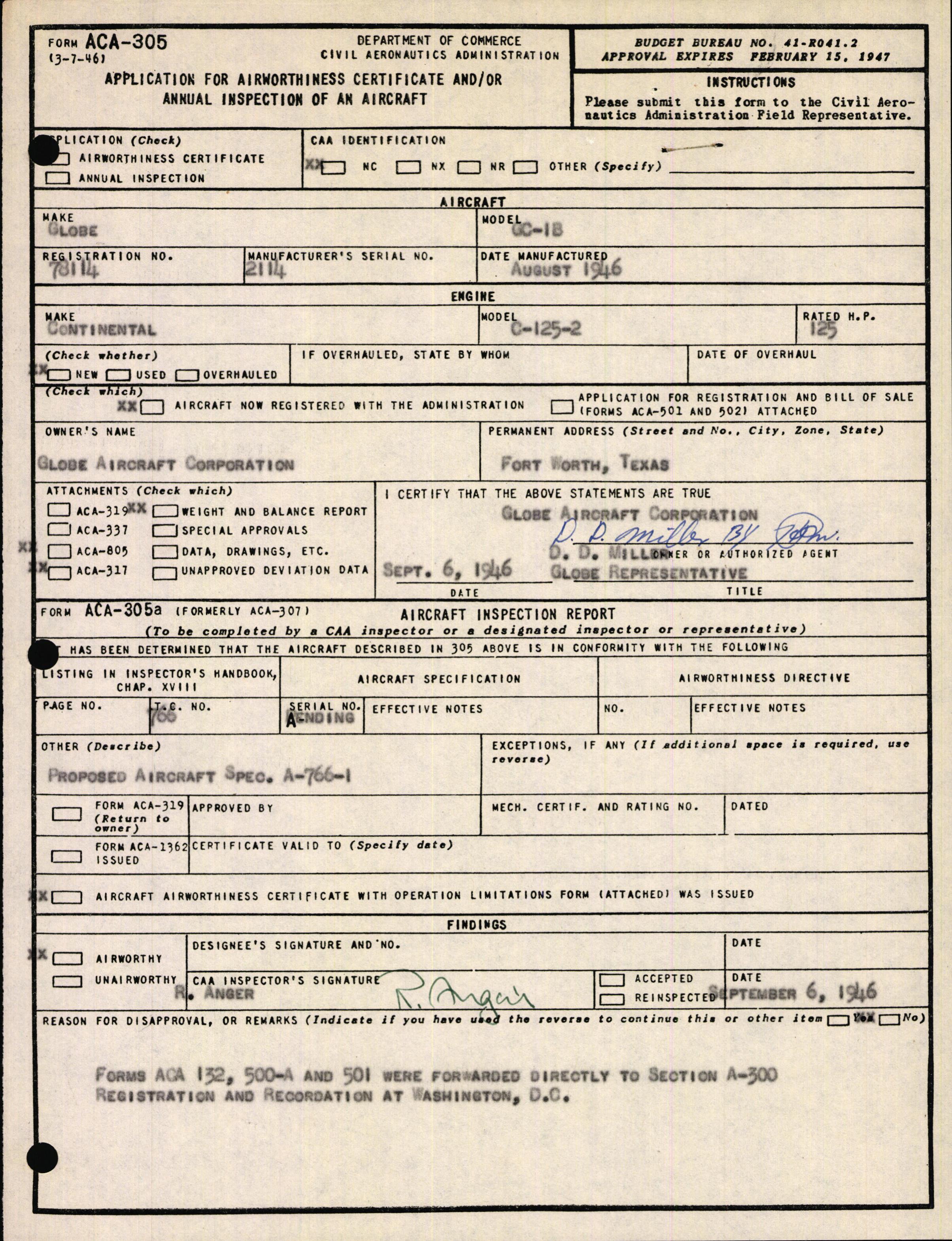 Sample page 1 from AirCorps Library document: Technical Information for Serial Number 2114