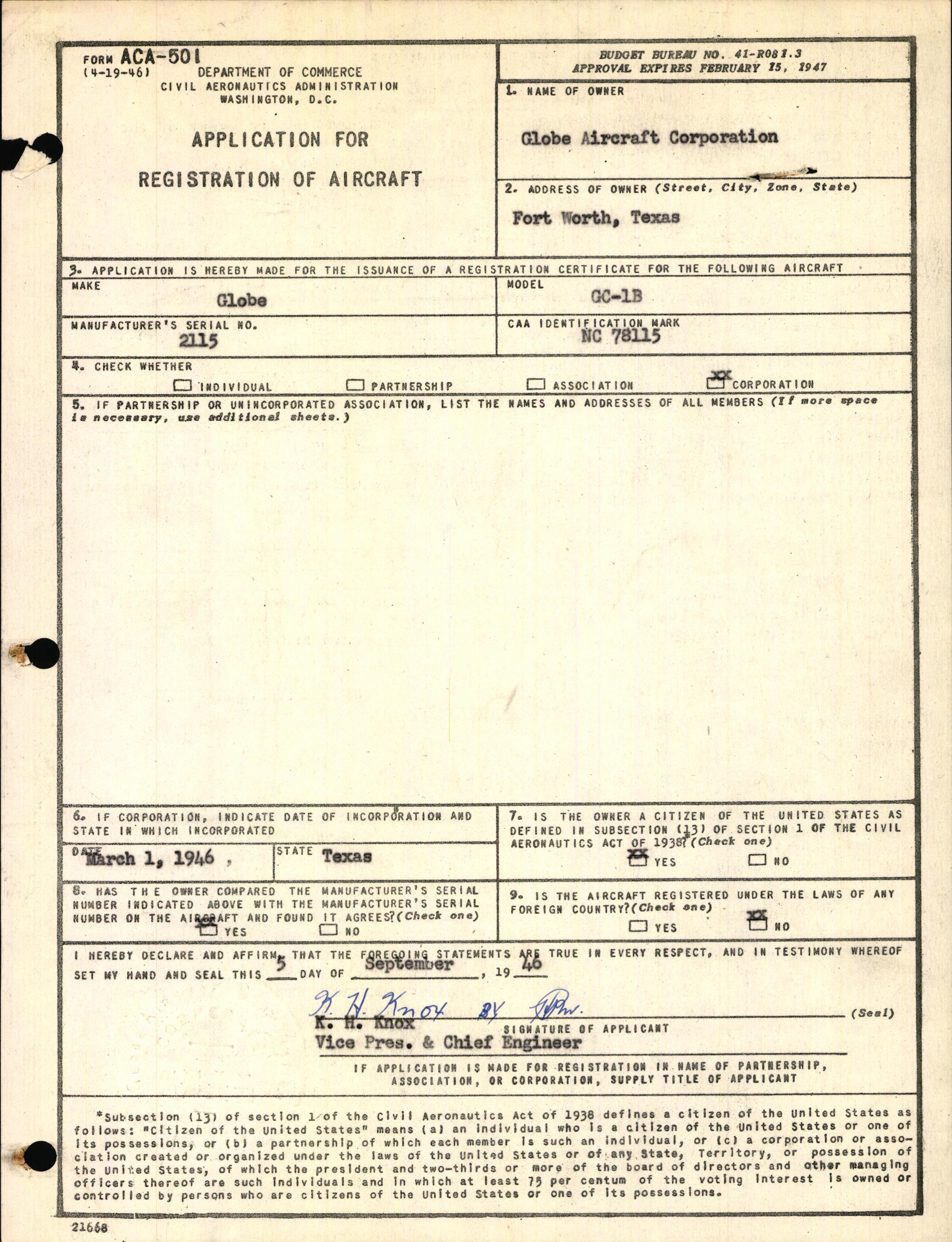 Sample page 1 from AirCorps Library document: Technical Information for Serial Number 2115