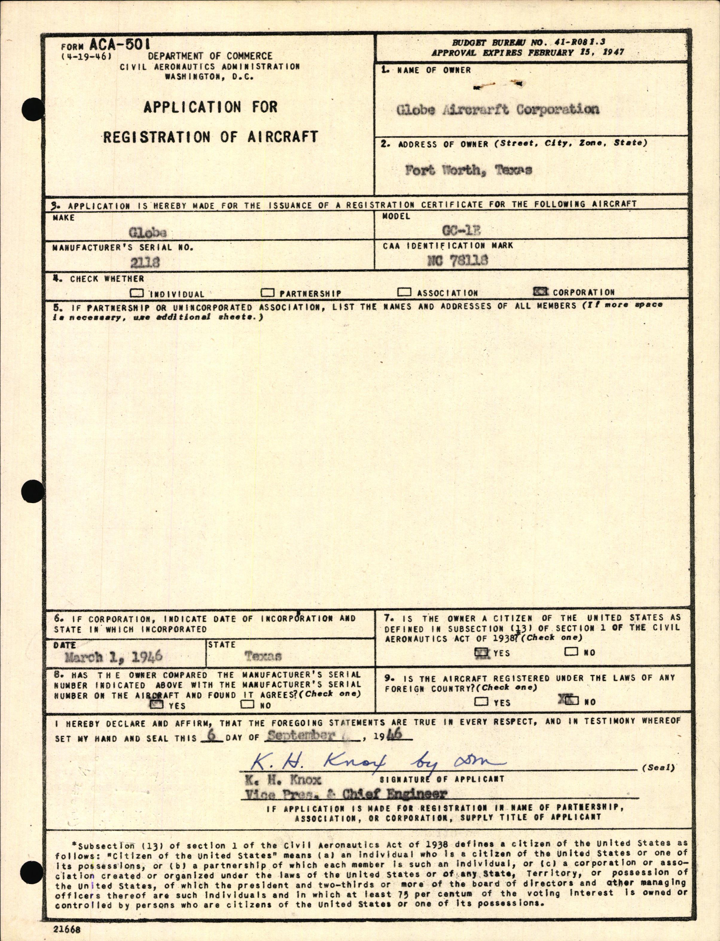 Sample page 1 from AirCorps Library document: Technical Information for Serial Number 2118