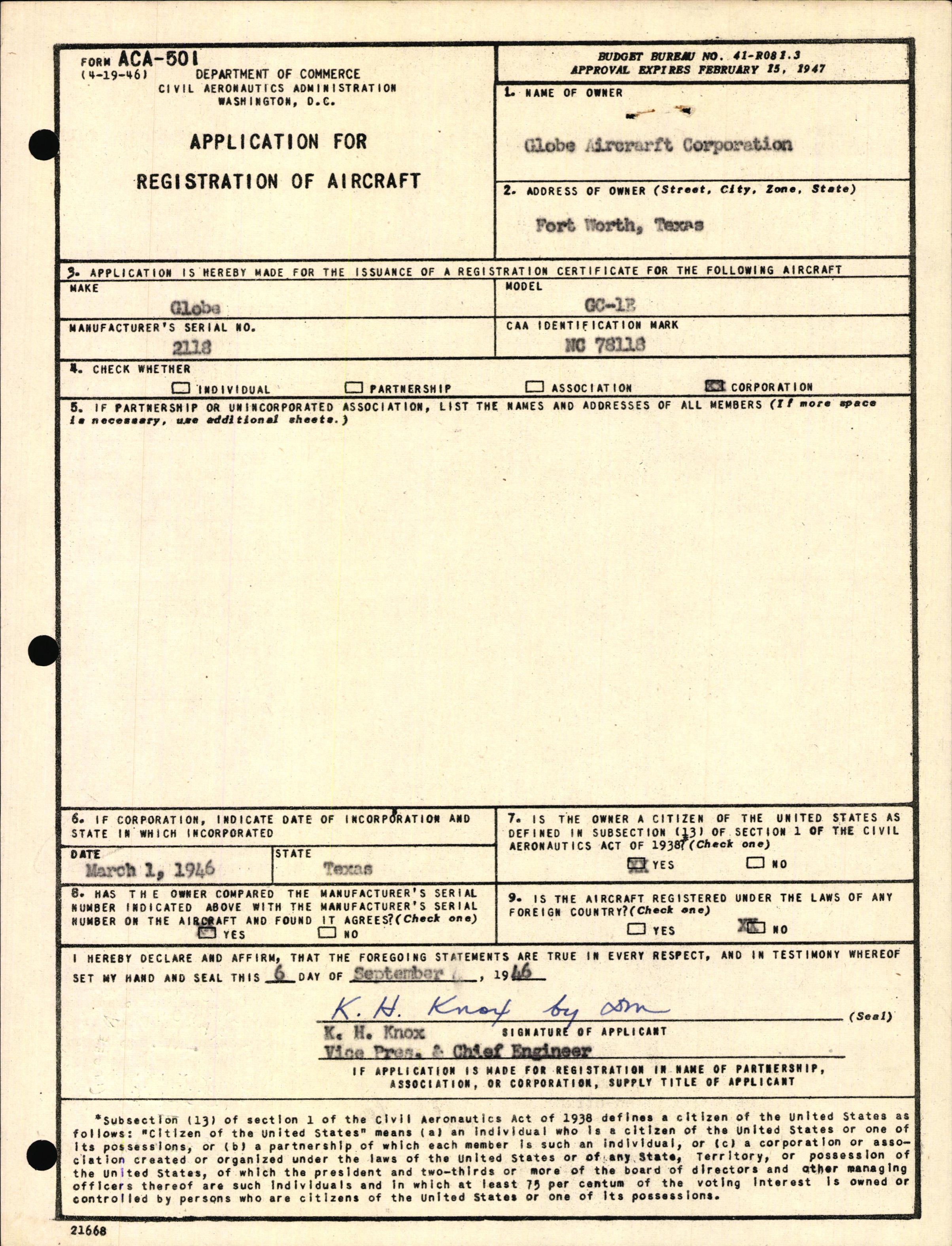 Sample page 1 from AirCorps Library document: Technical Information for Serial Number 2118