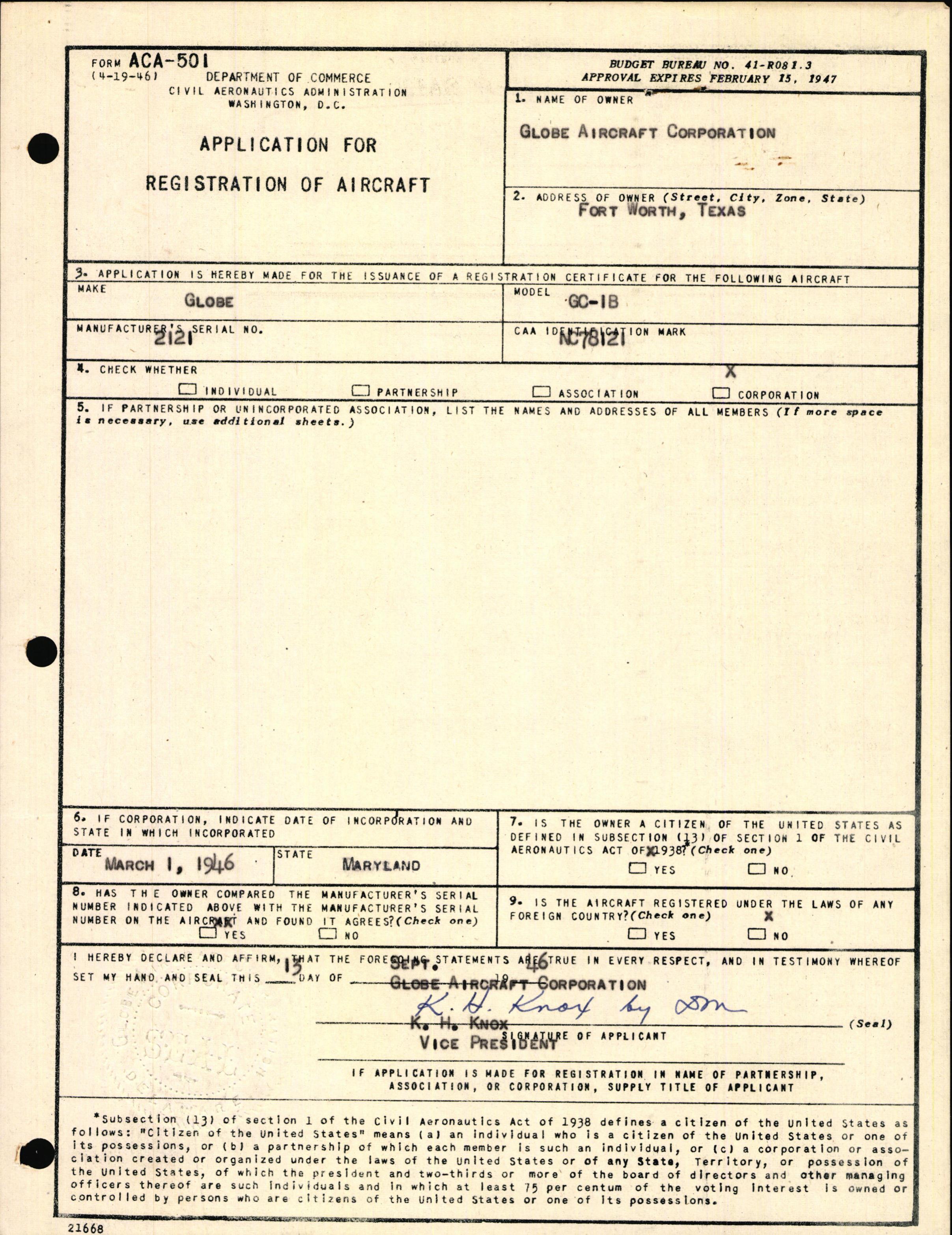 Sample page 1 from AirCorps Library document: Technical Information for Serial Number 2121