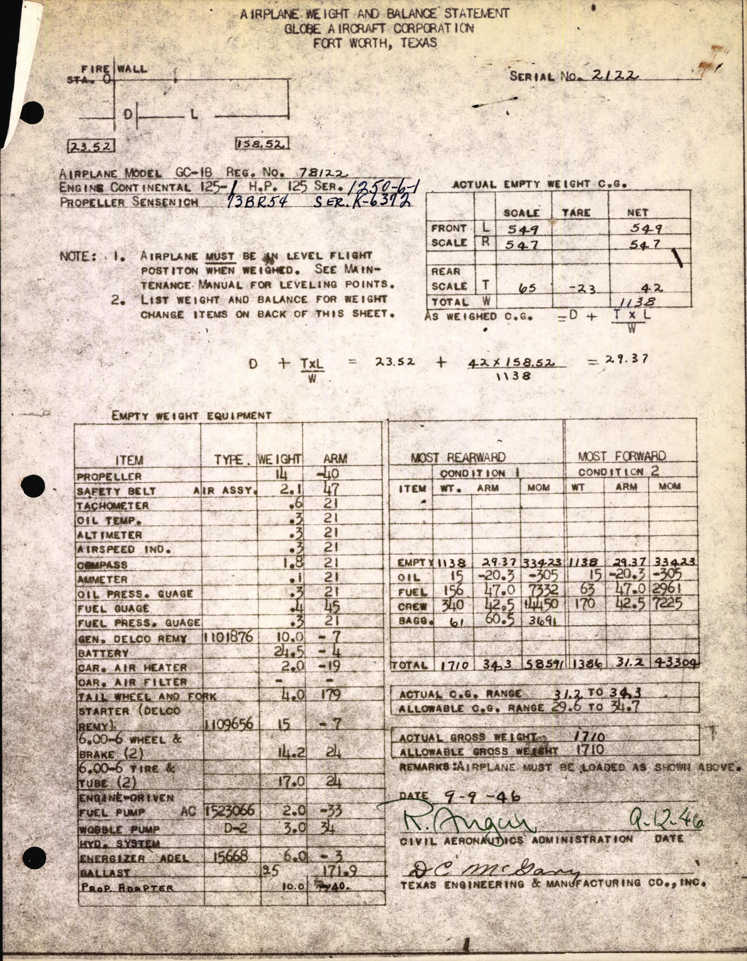 Sample page 1 from AirCorps Library document: Technical Information for Serial Number 2122