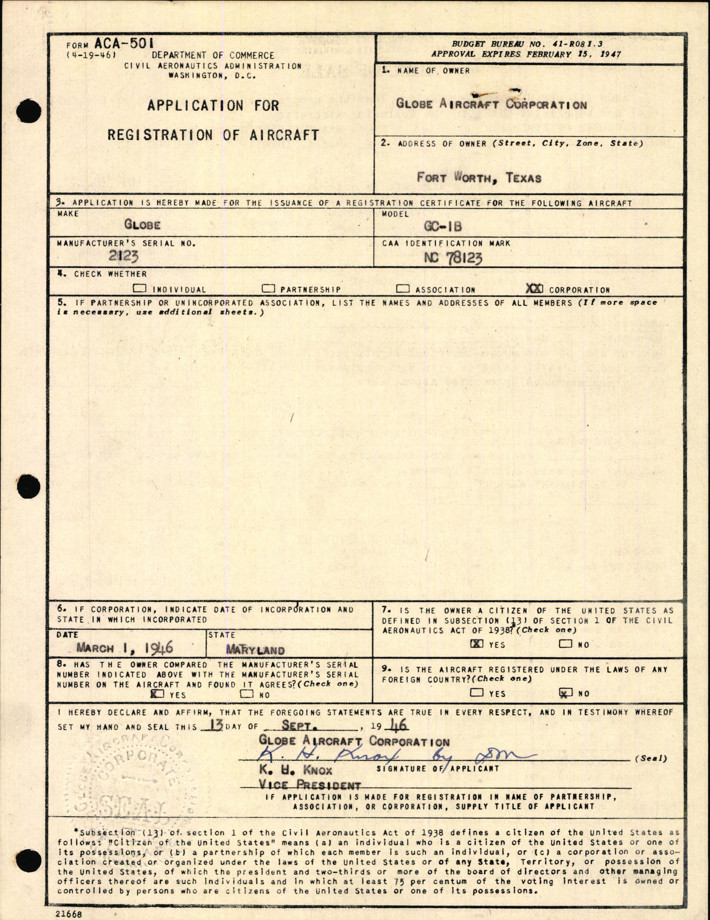 Sample page 1 from AirCorps Library document: Technical Information for Serial Number 2123