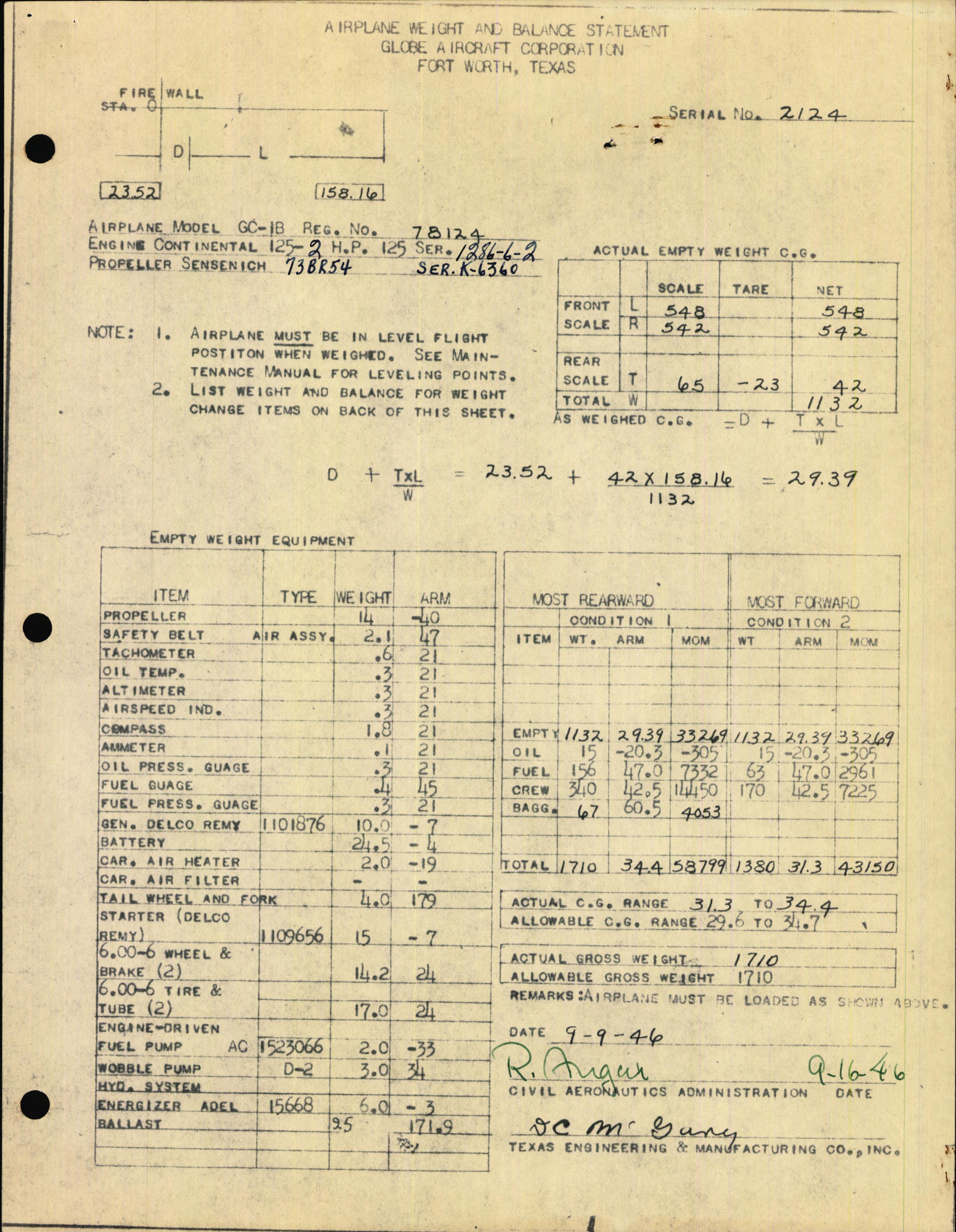 Sample page 1 from AirCorps Library document: Technical Information for Serial Number 2124