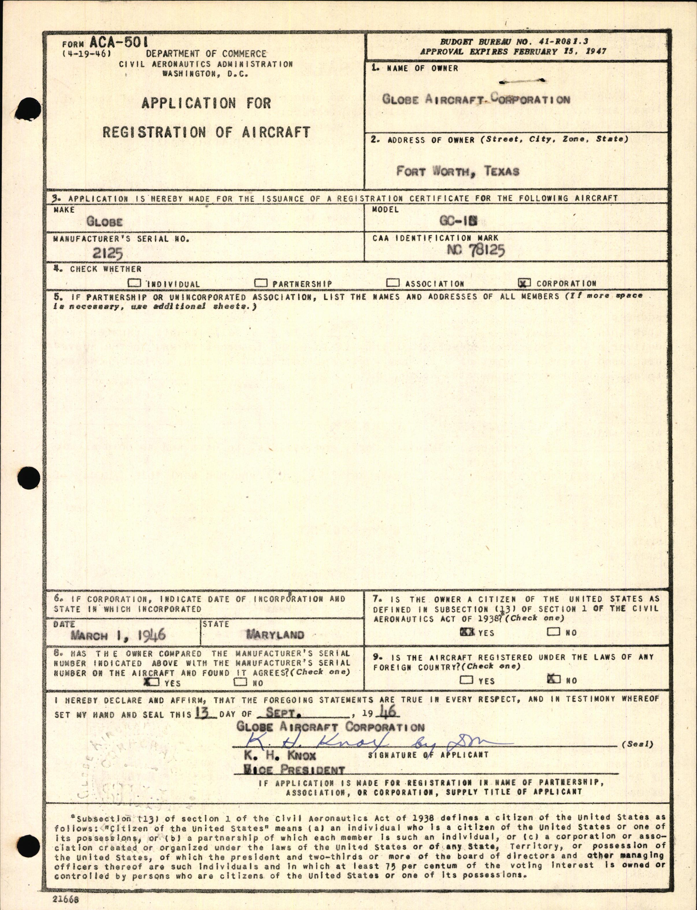 Sample page 1 from AirCorps Library document: Technical Information for Serial Number 2125