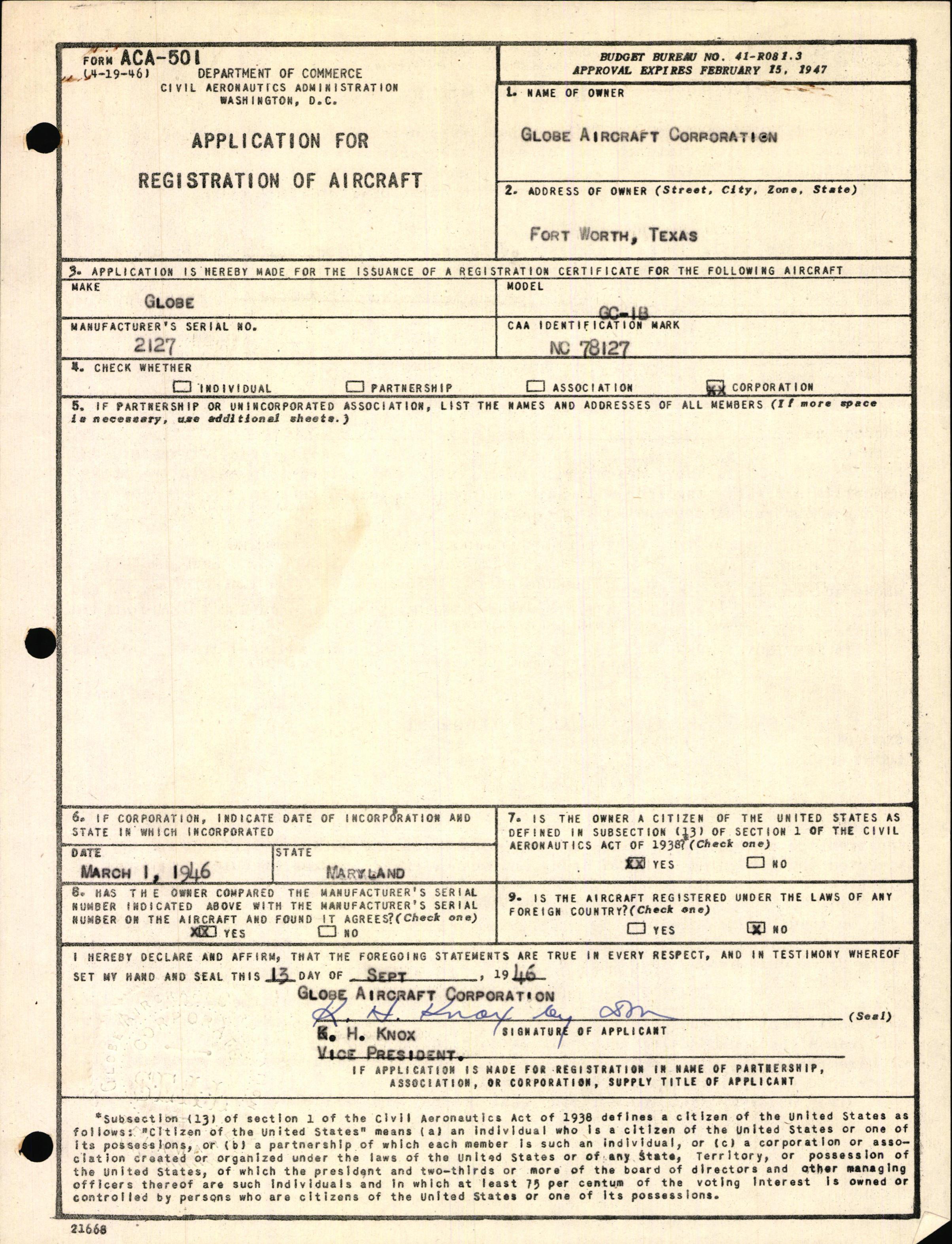 Sample page 1 from AirCorps Library document: Technical Information for Serial Number 2127