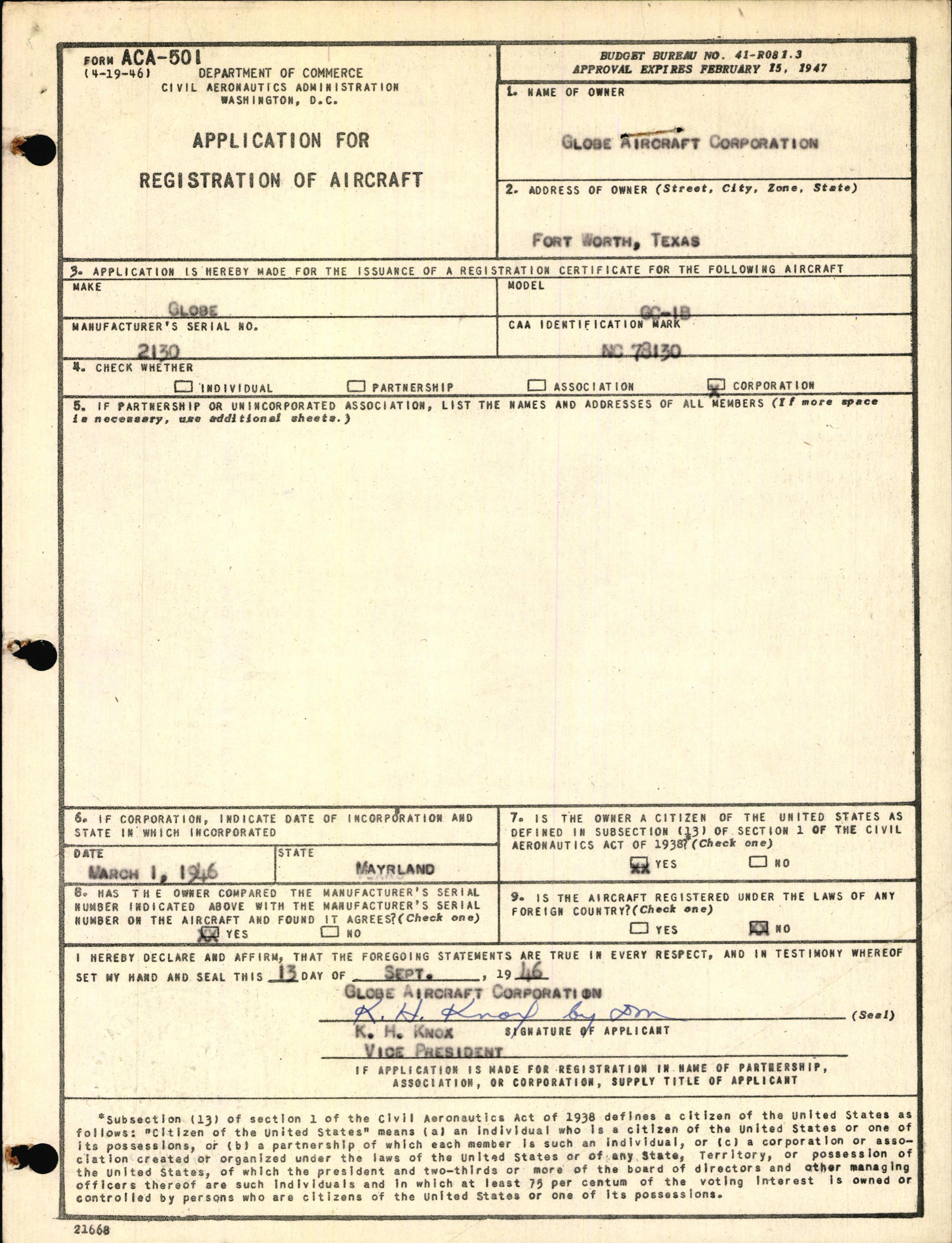 Sample page 1 from AirCorps Library document: Technical Information for Serial Number 2130