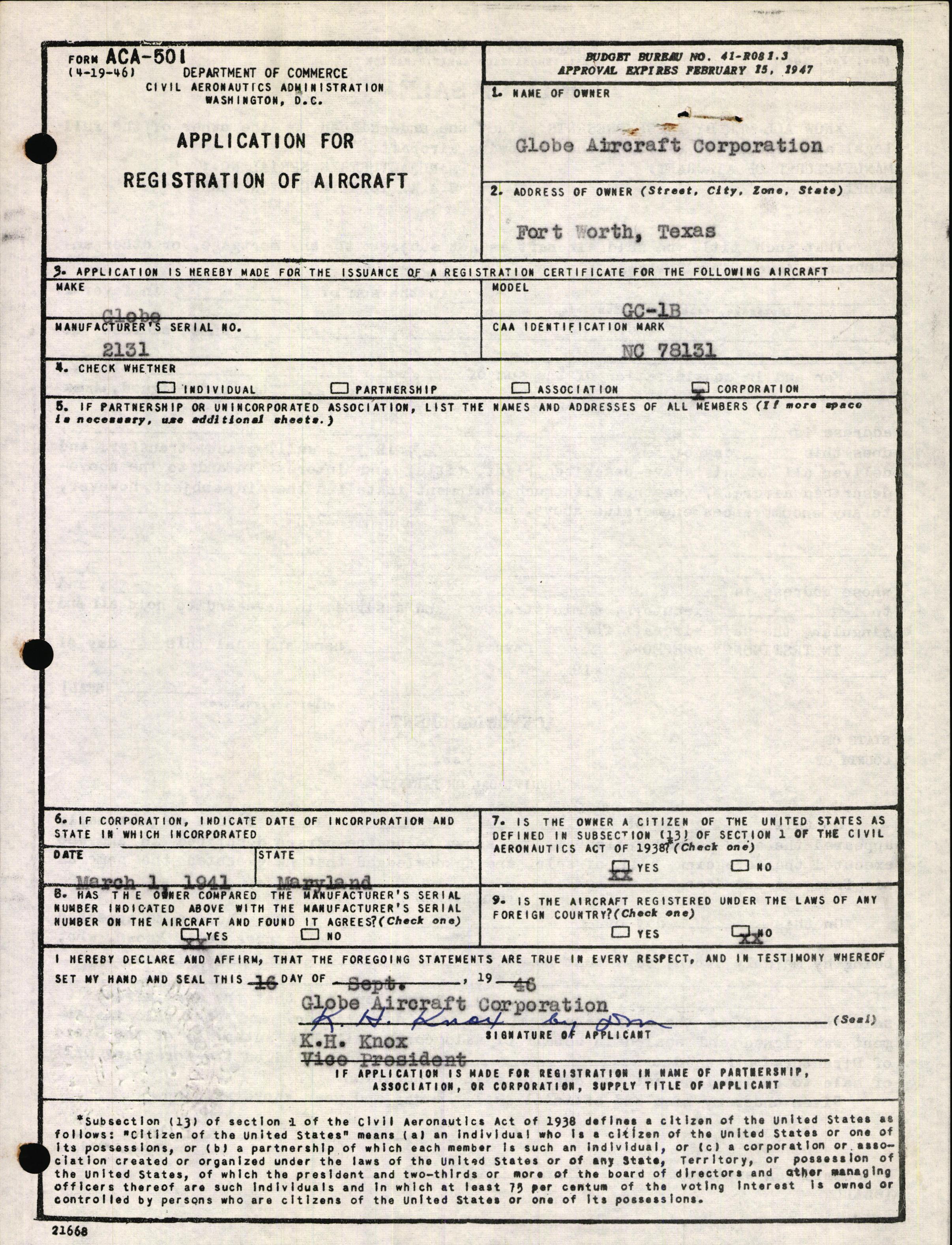 Sample page 1 from AirCorps Library document: Technical Information for Serial Number 2131