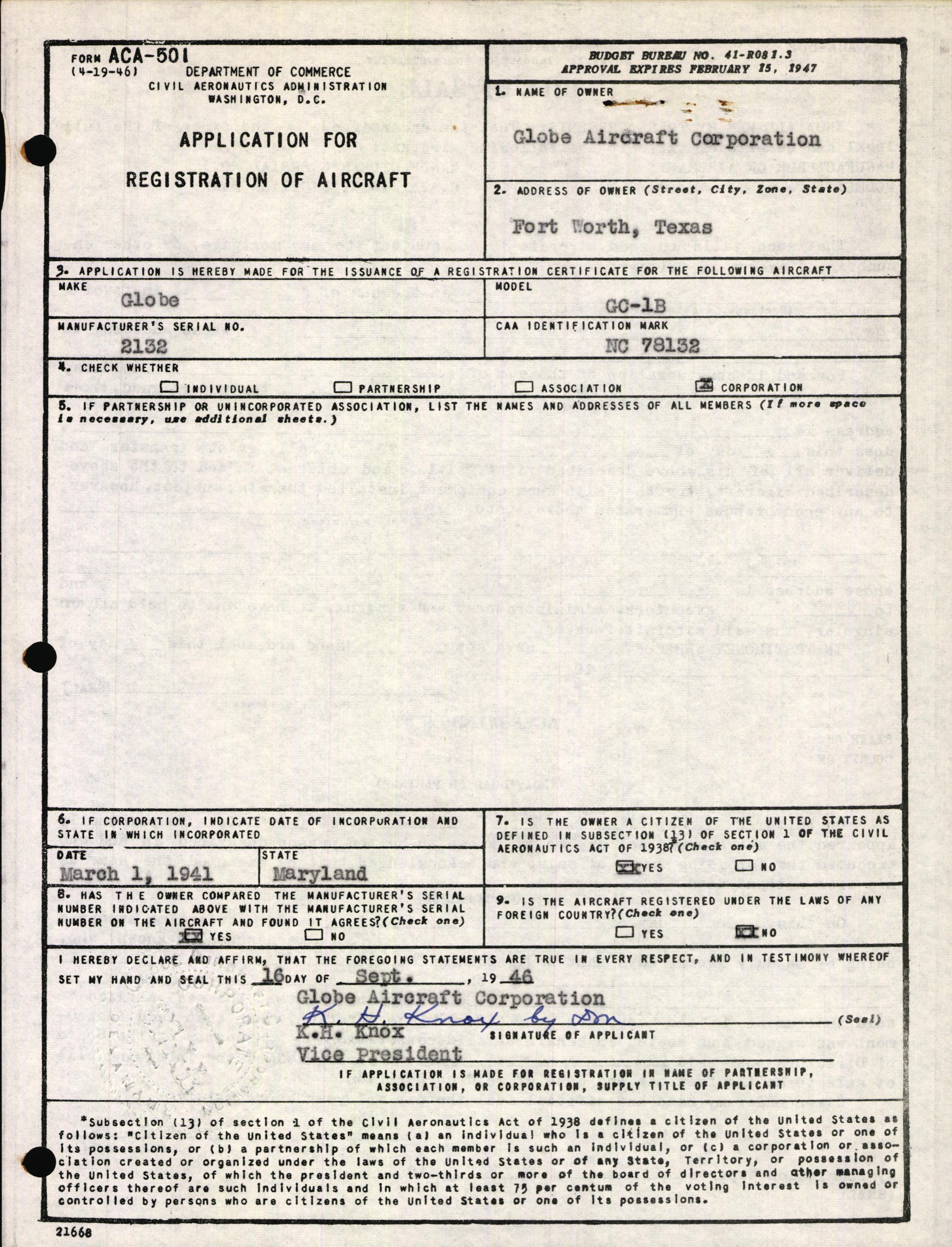 Sample page 1 from AirCorps Library document: Technical Information for Serial Number 2132