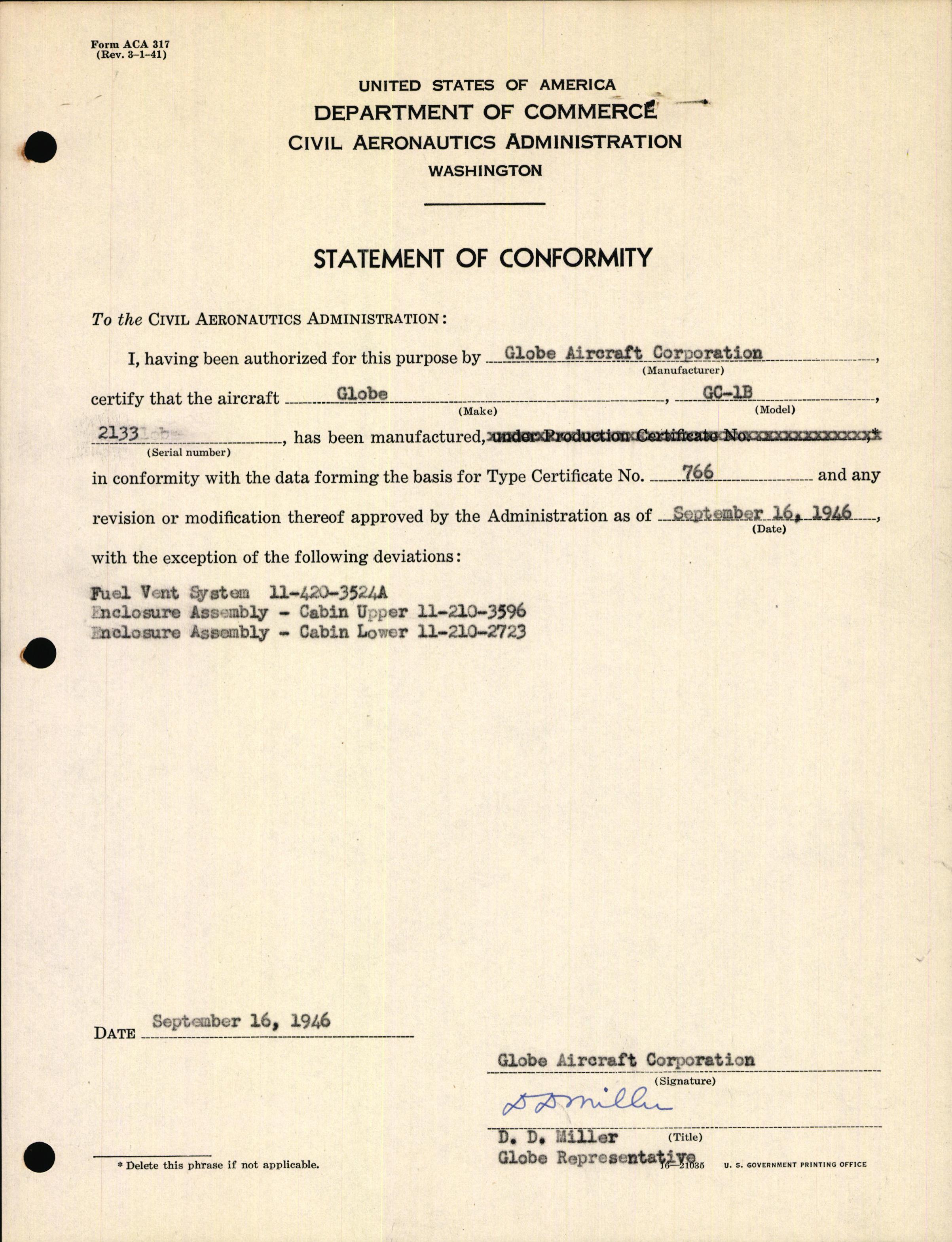 Sample page 1 from AirCorps Library document: Technical Information for Serial Number 2133