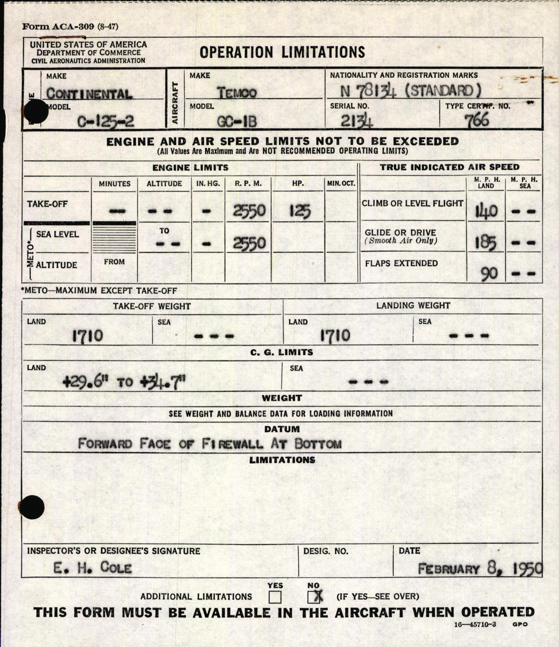 Sample page 1 from AirCorps Library document: Technical Information for Serial Number 2134