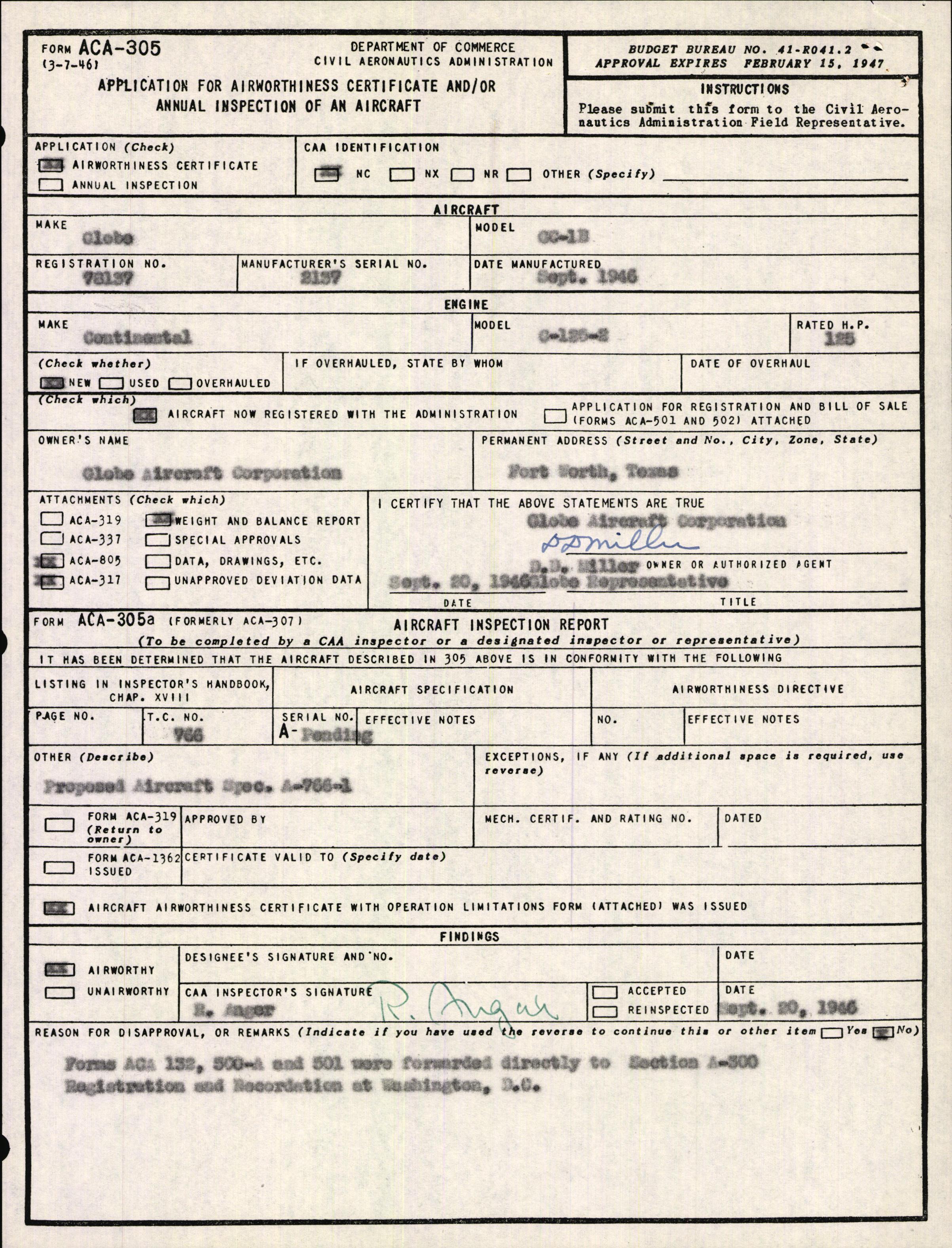 Sample page 1 from AirCorps Library document: Technical Information for Serial Number 2137