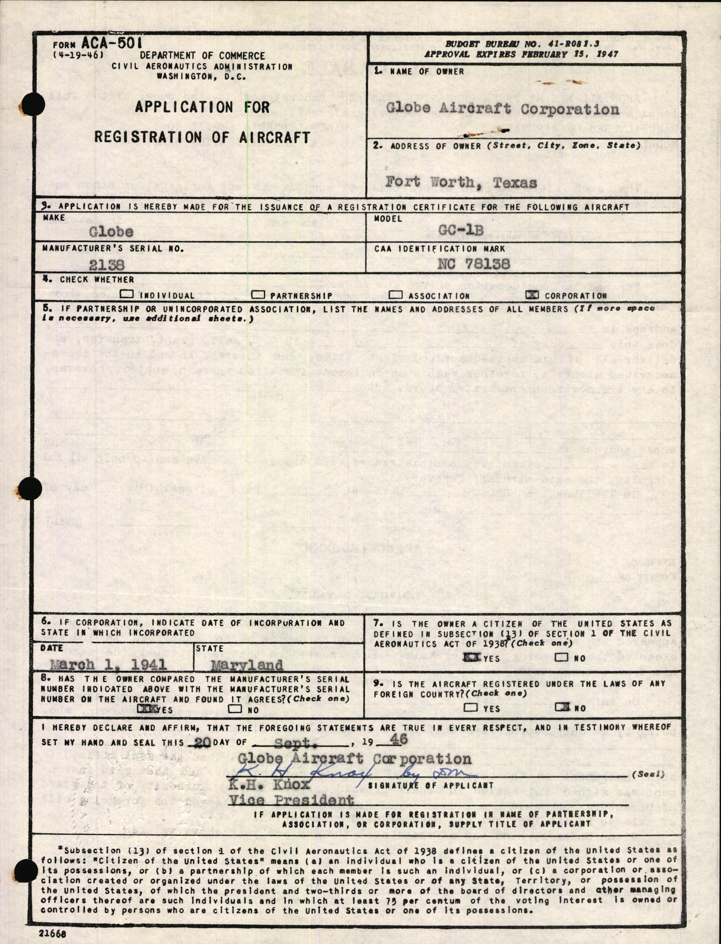 Sample page 1 from AirCorps Library document: Technical Information for Serial Number 2138