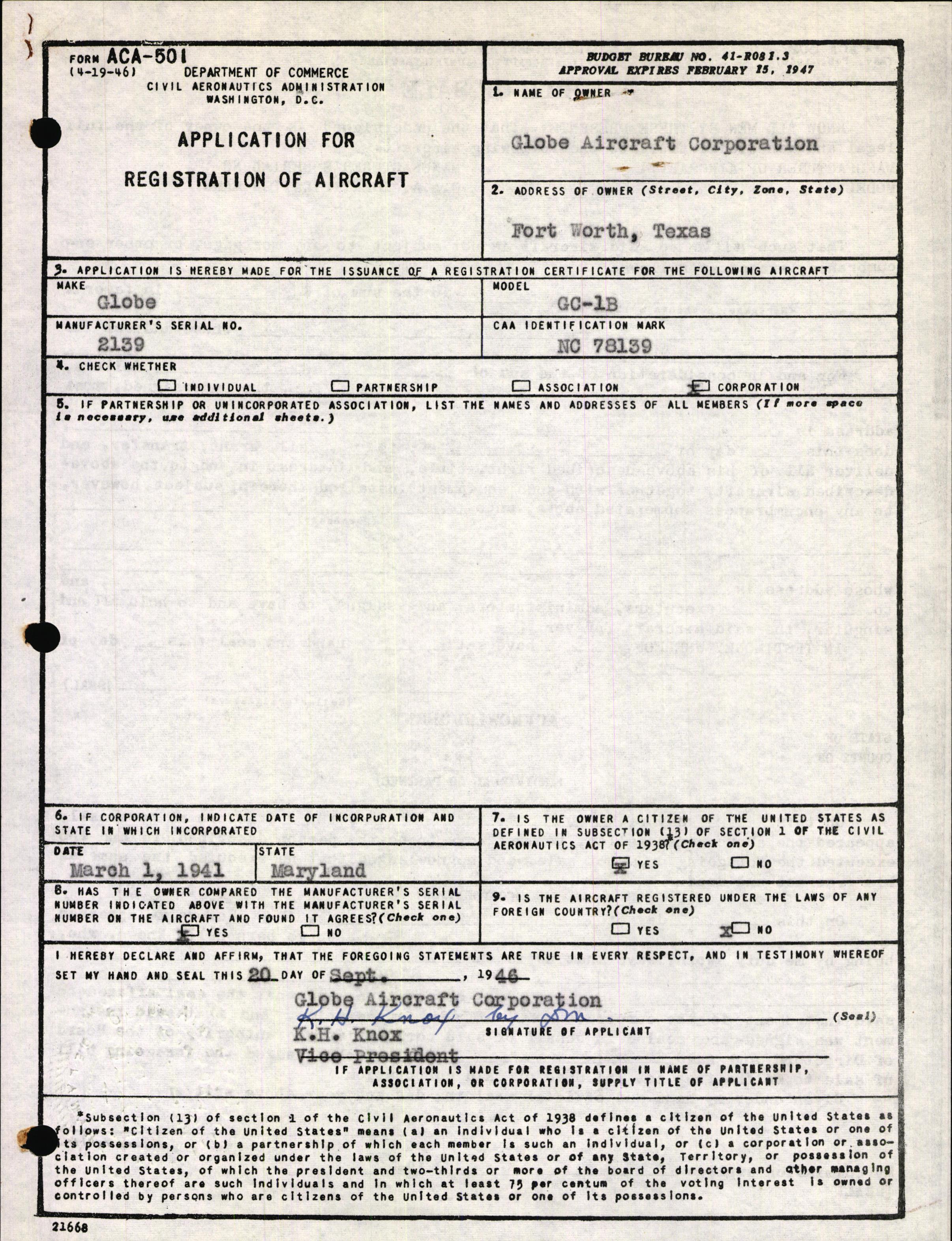 Sample page 1 from AirCorps Library document: Technical Information for Serial Number 2139