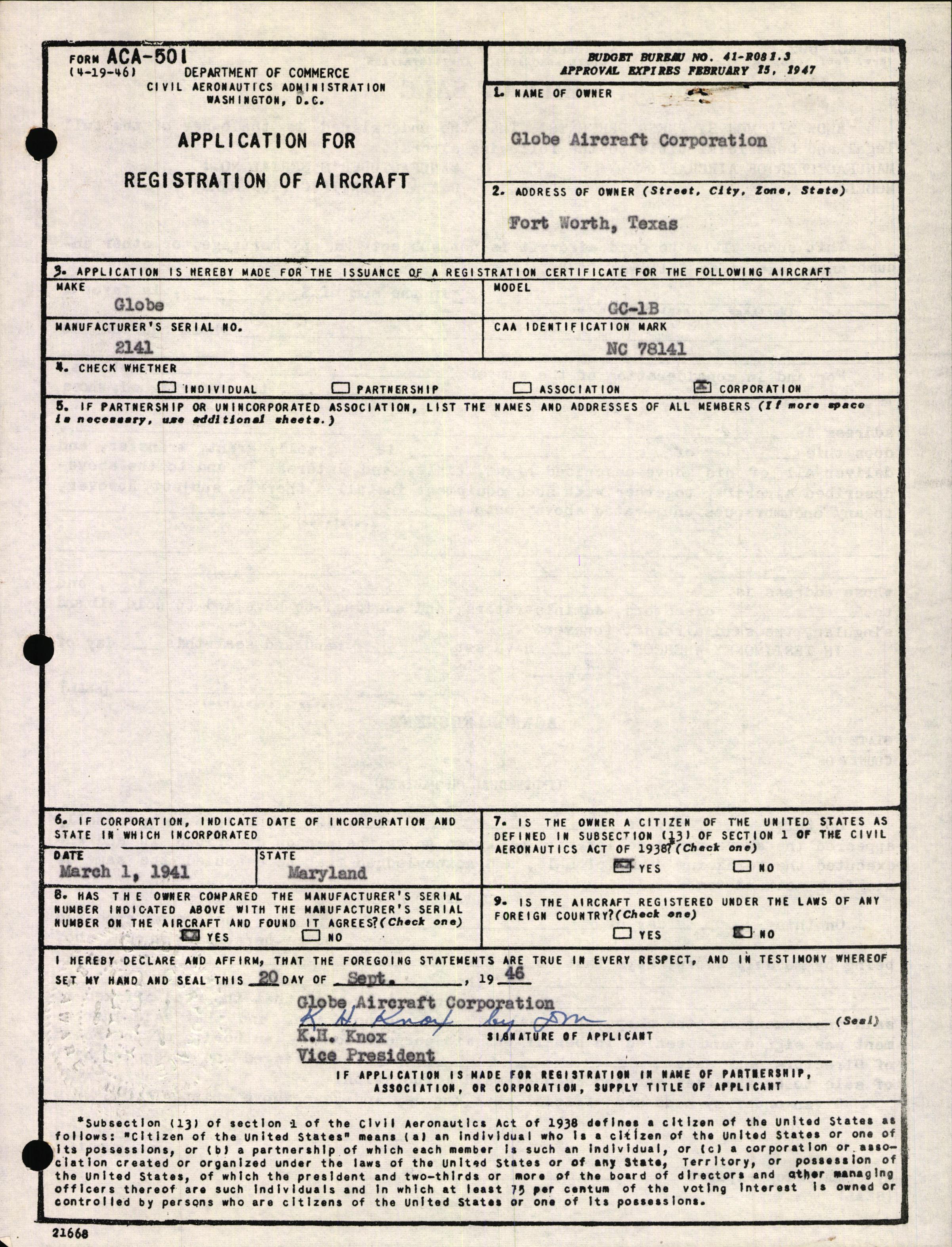 Sample page 1 from AirCorps Library document: Technical Information for Serial Number 2141