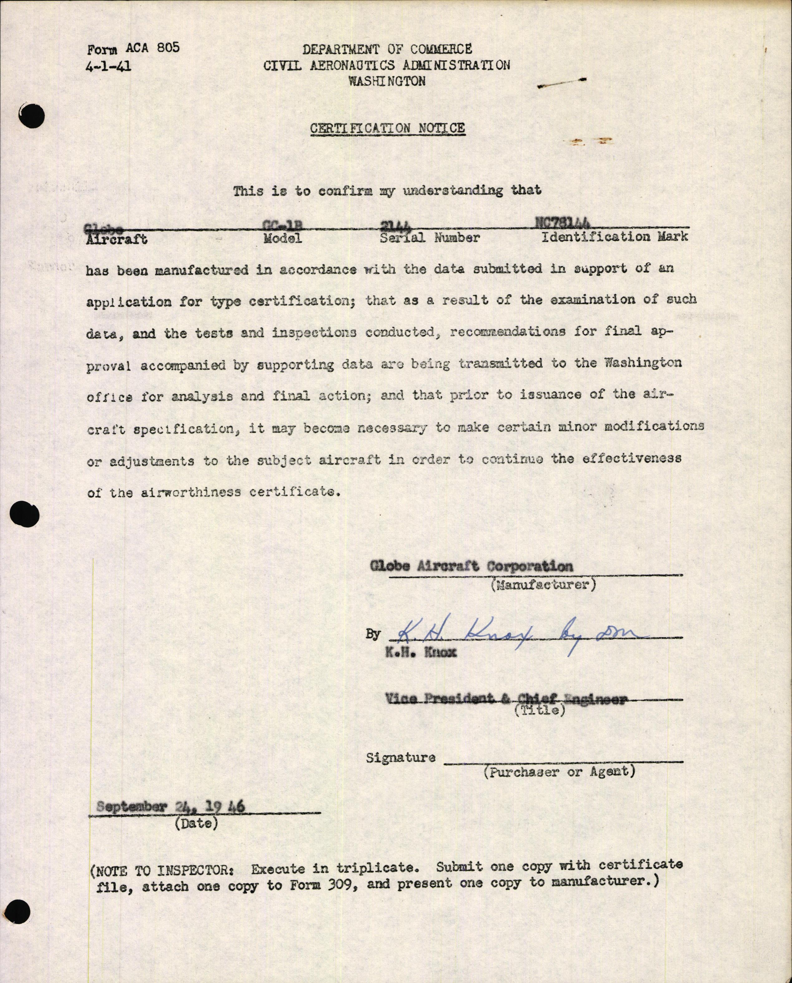 Sample page 1 from AirCorps Library document: Technical Information for Serial Number 2144