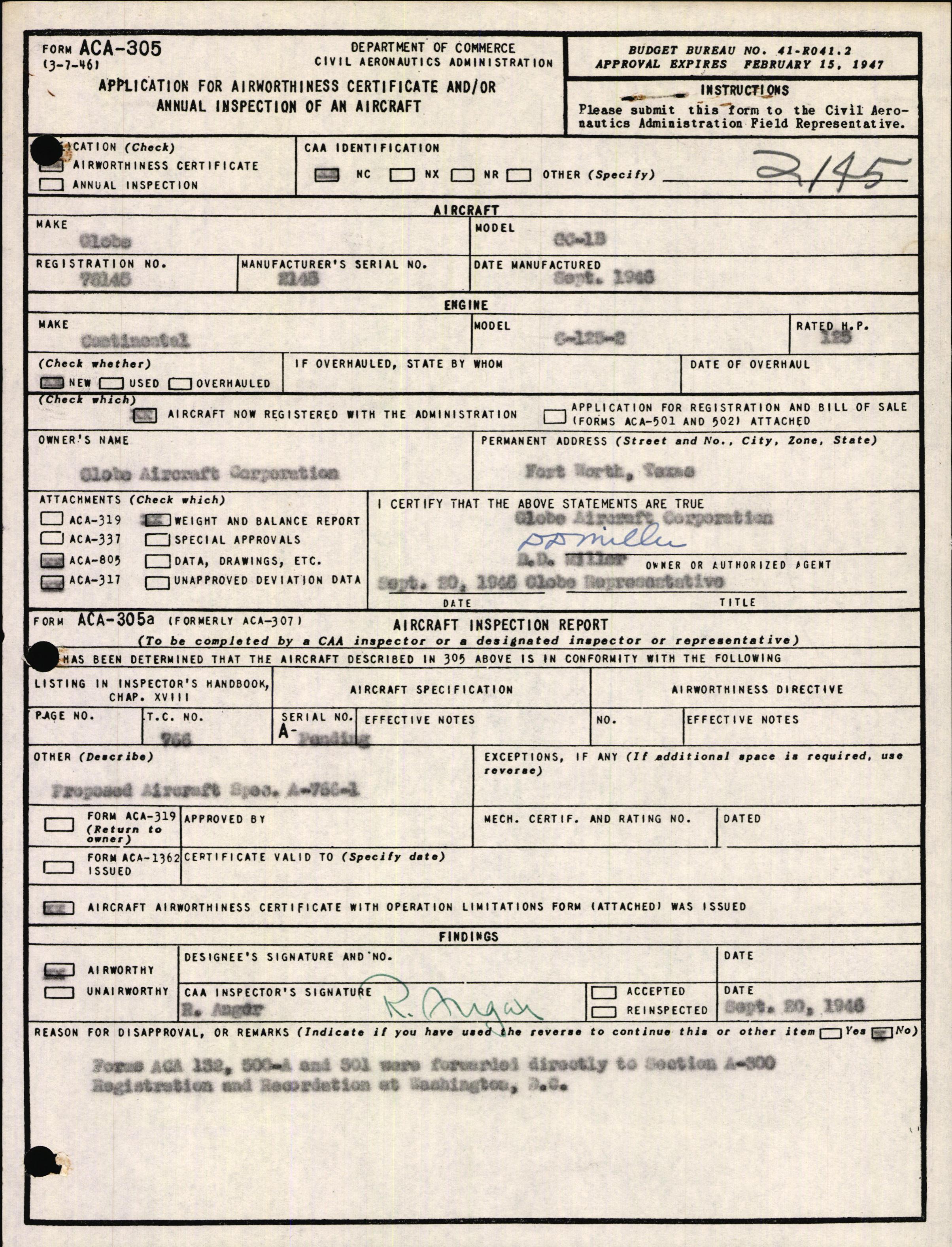 Sample page 1 from AirCorps Library document: Technical Information for Serial Number 2145