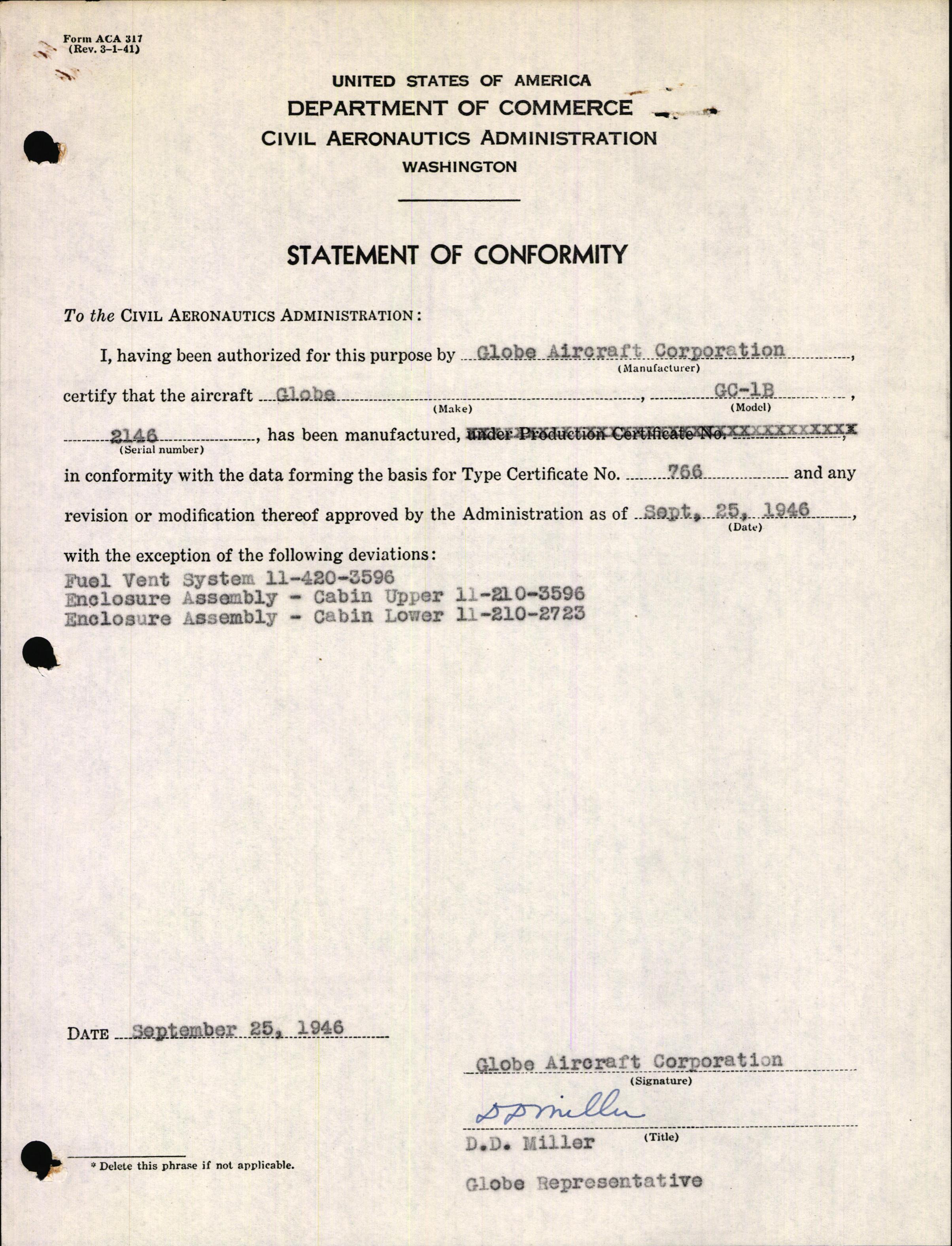 Sample page 1 from AirCorps Library document: Technical Information for Serial Number 2146