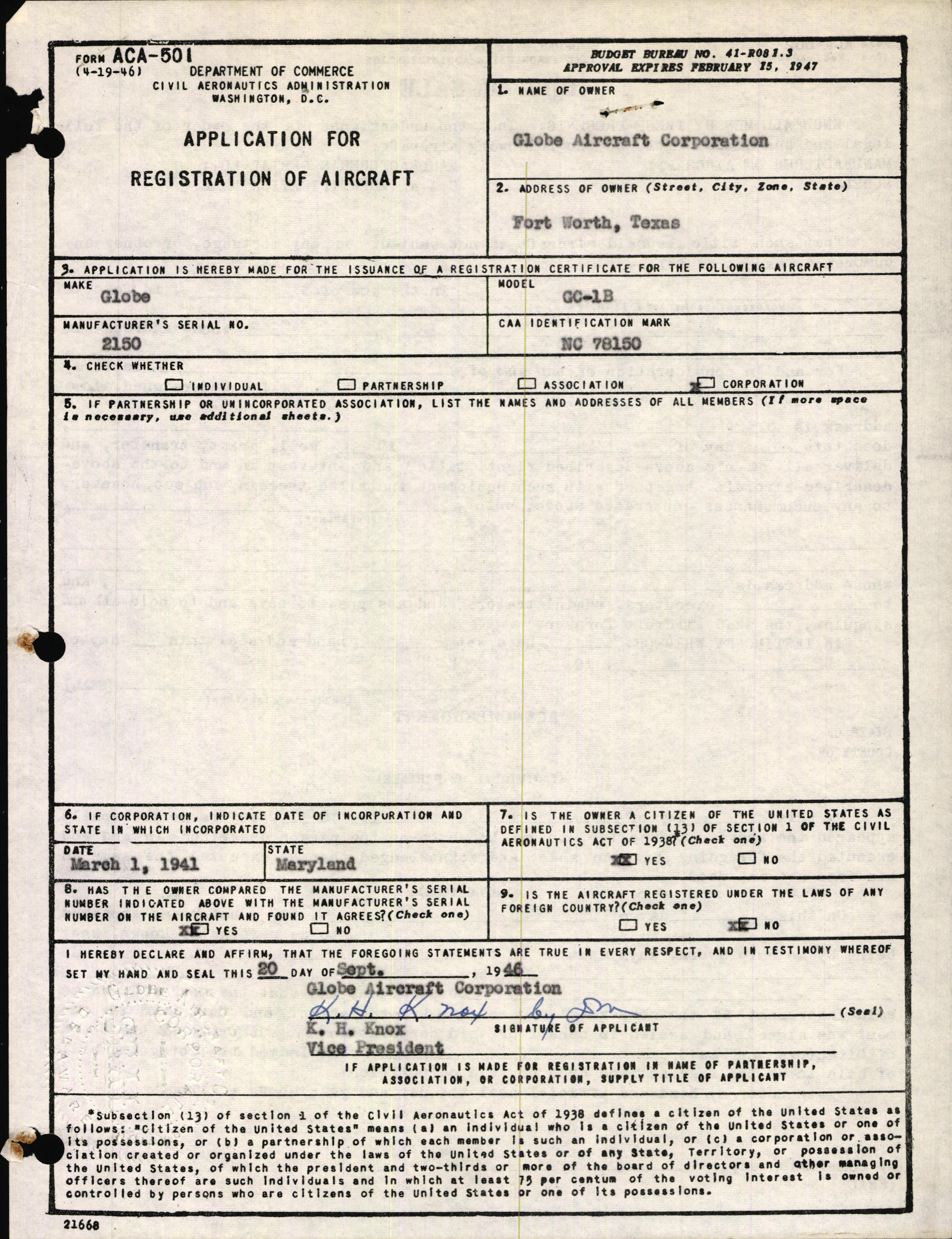 Sample page 1 from AirCorps Library document: Technical Information for Serial Number 2150