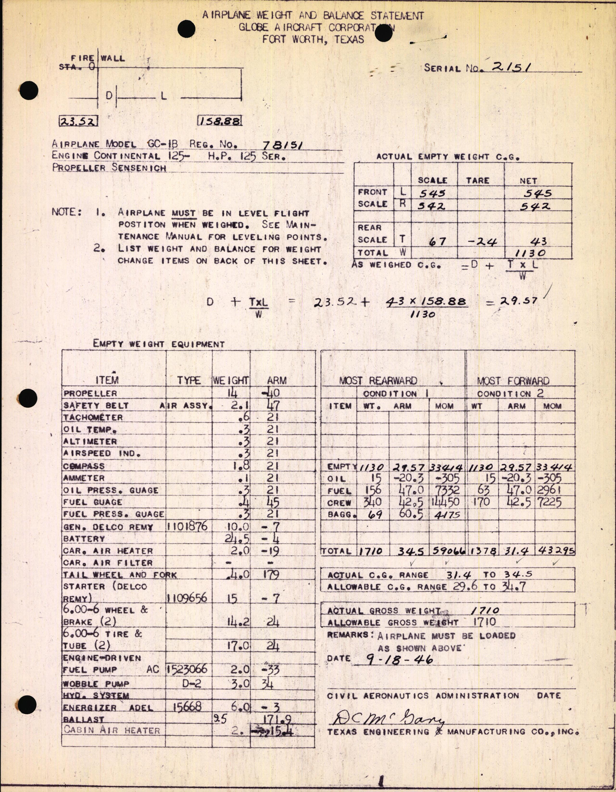 Sample page 1 from AirCorps Library document: Technical Information for Serial Number 2151