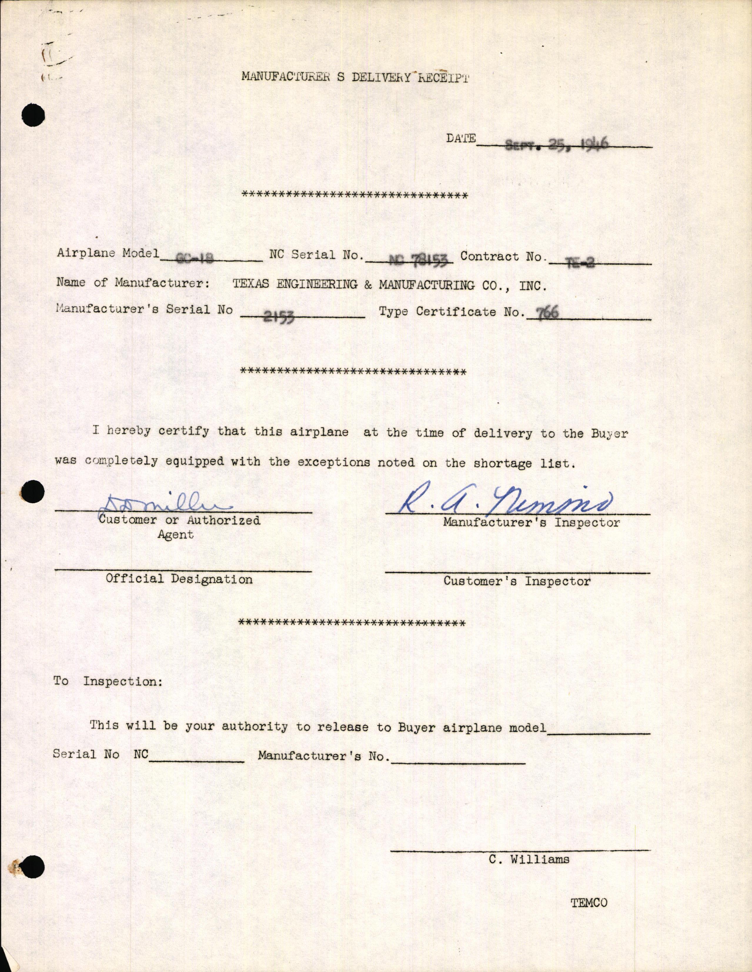 Sample page 1 from AirCorps Library document: Technical Information for Serial Number 2153
