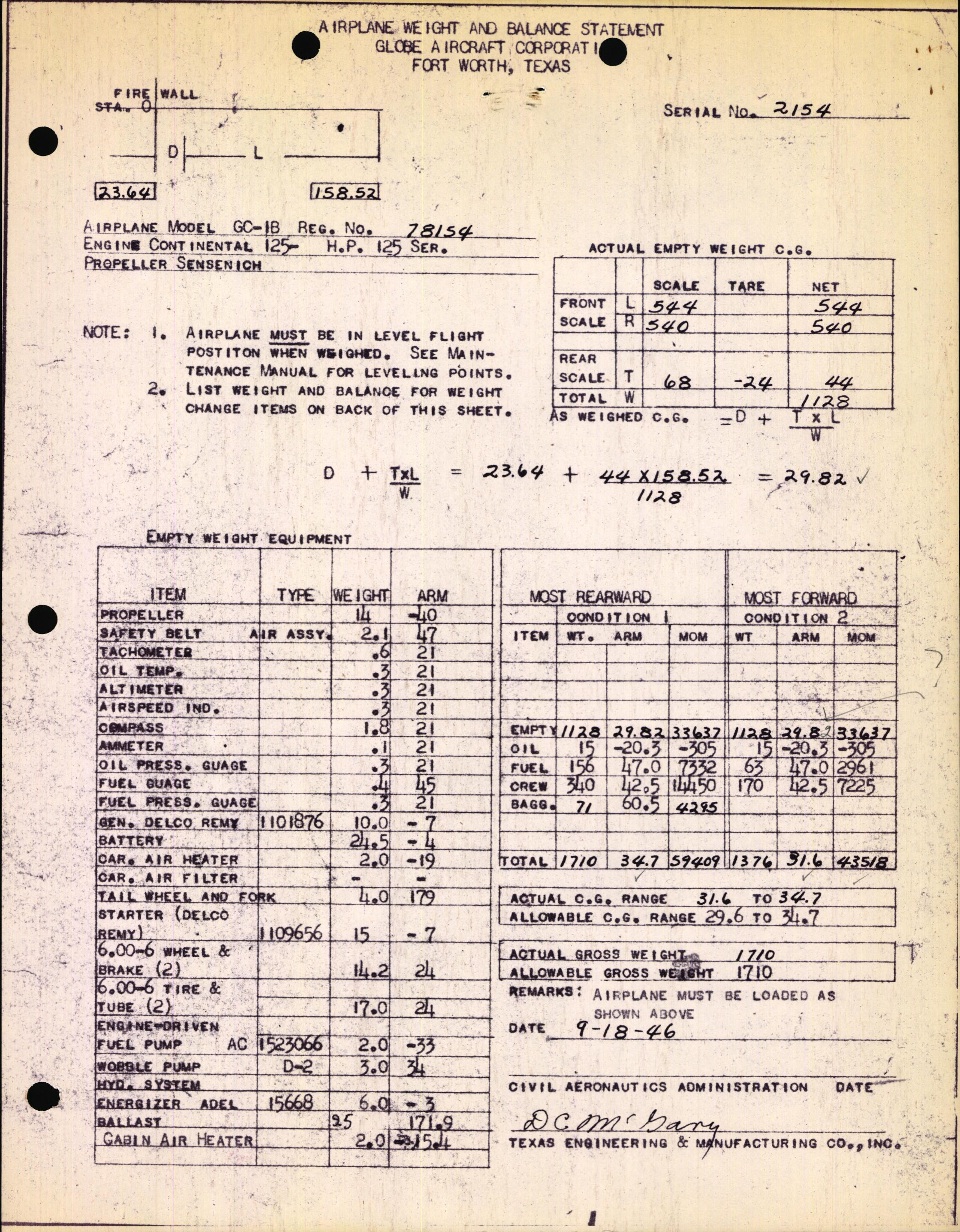 Sample page 1 from AirCorps Library document: Technical Information for Serial Number 2154
