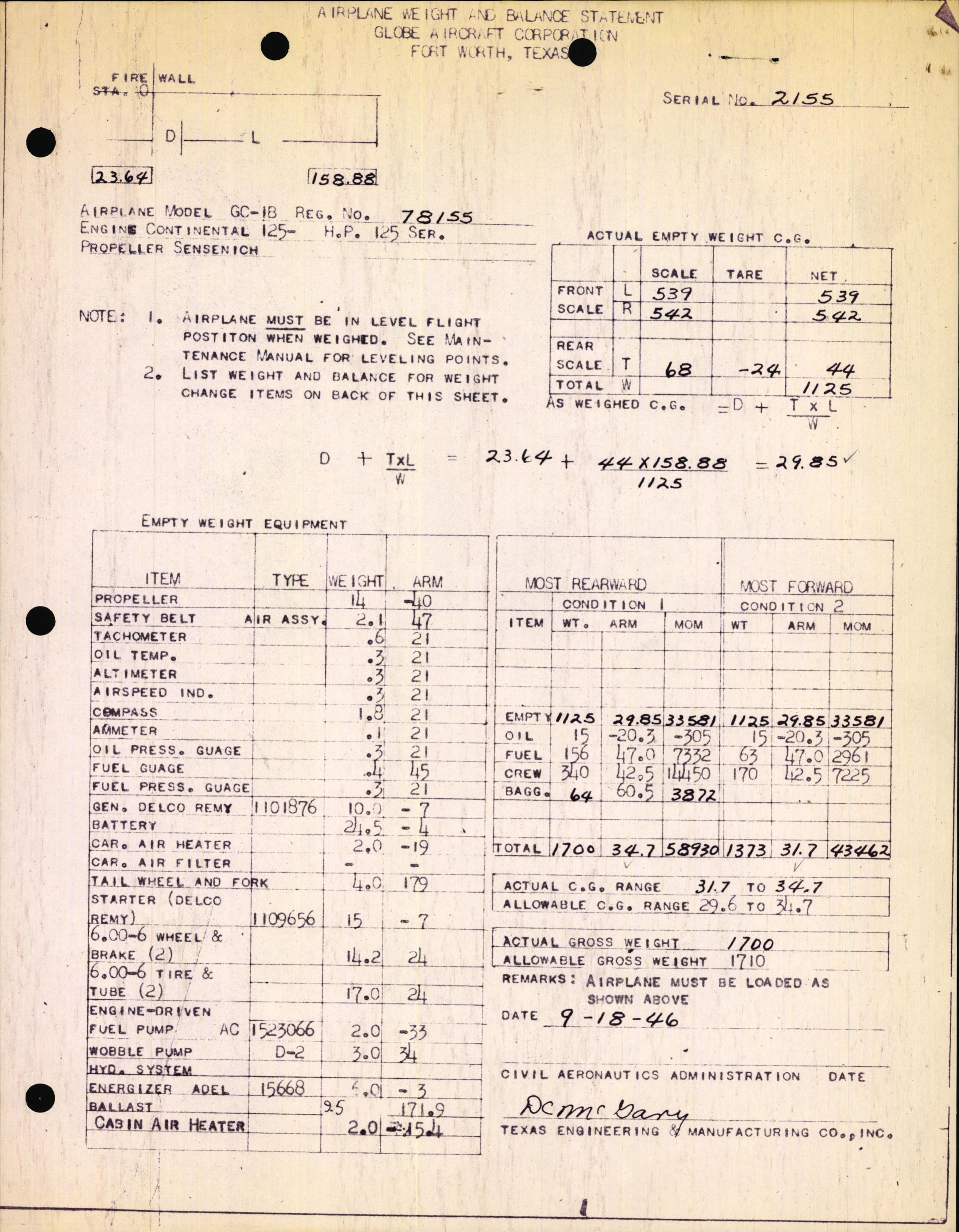 Sample page 1 from AirCorps Library document: Technical Information for Serial Number 2155