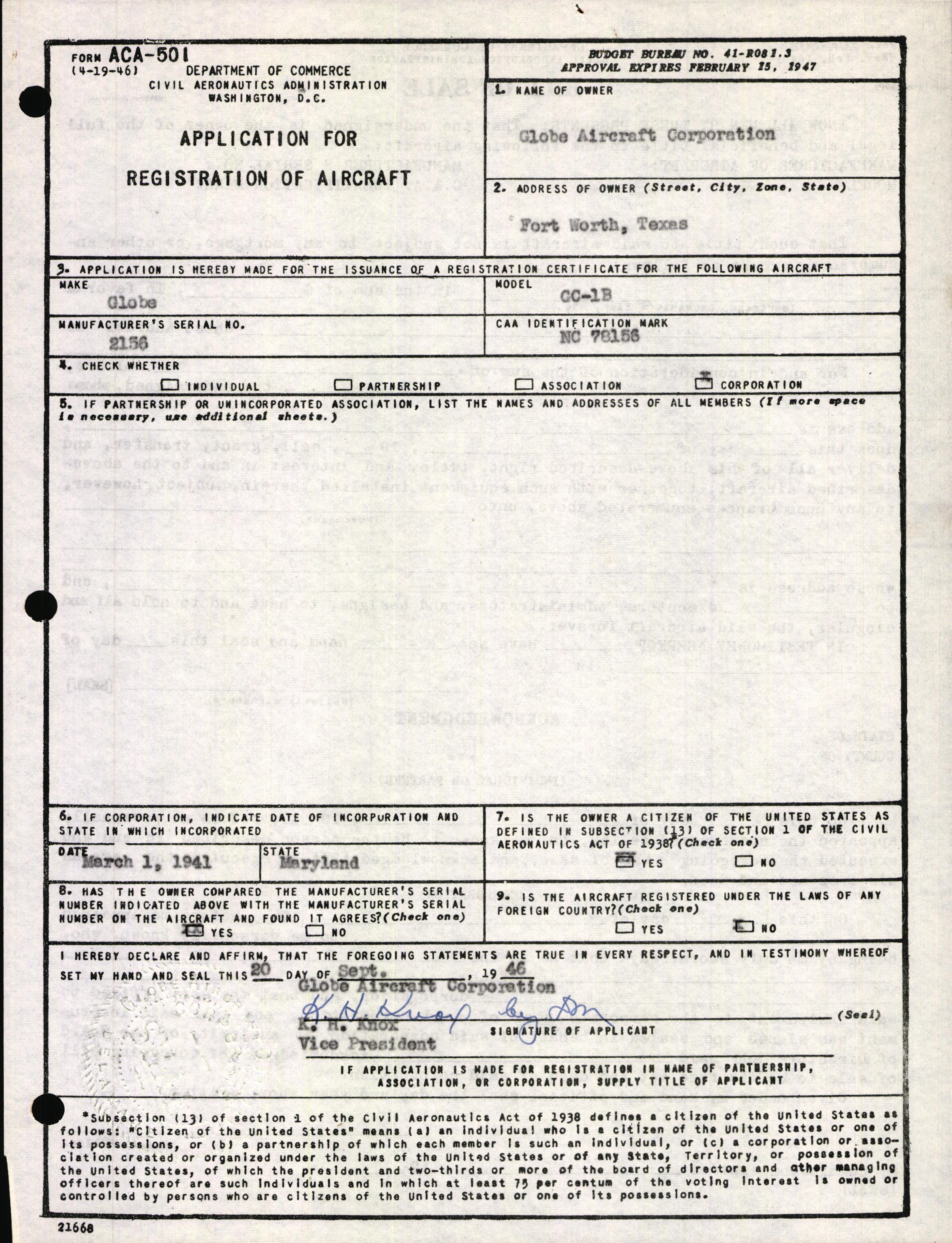 Sample page 1 from AirCorps Library document: Technical Information for Serial Number 2156