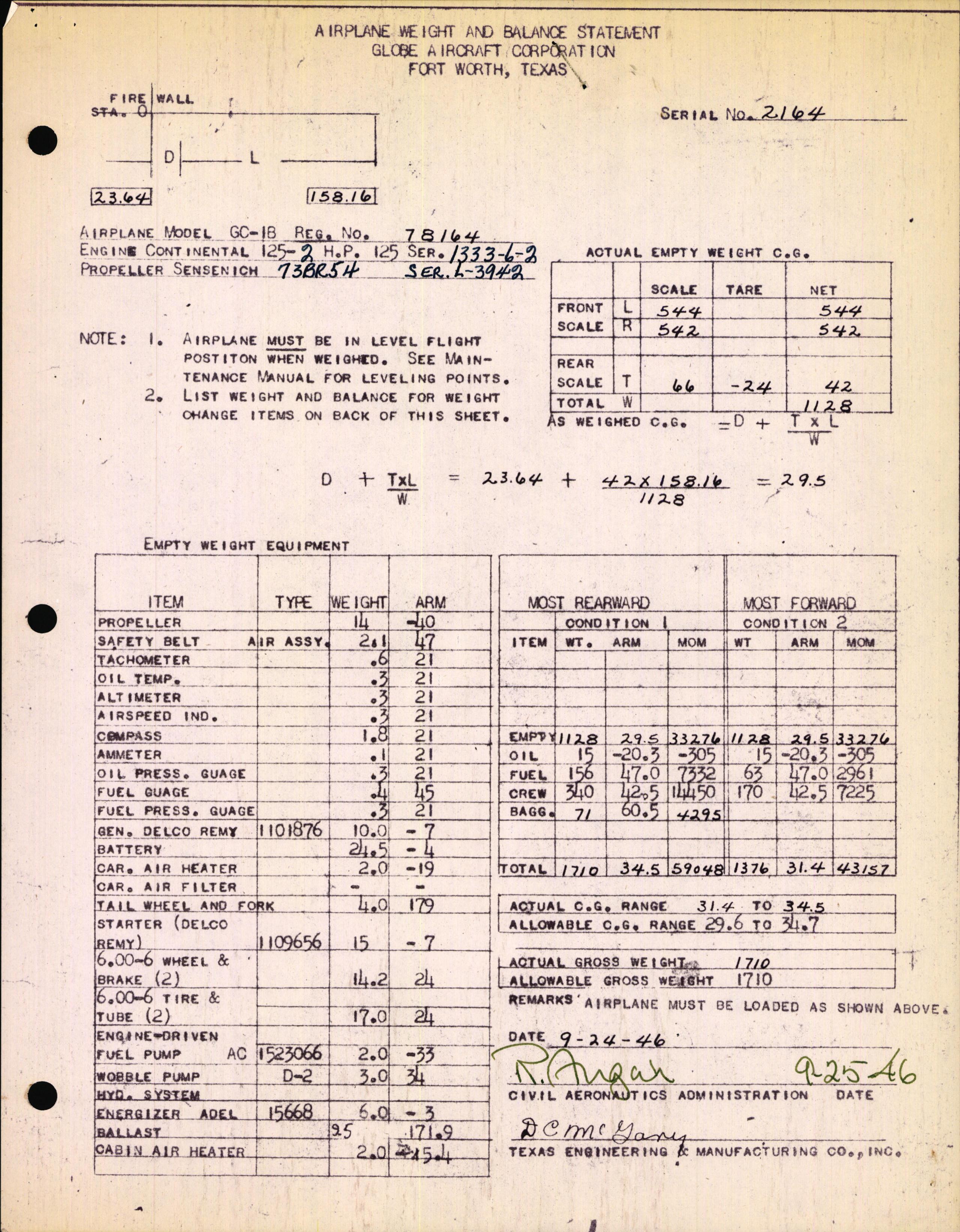 Sample page 1 from AirCorps Library document: Technical Information for Serial Number 2164