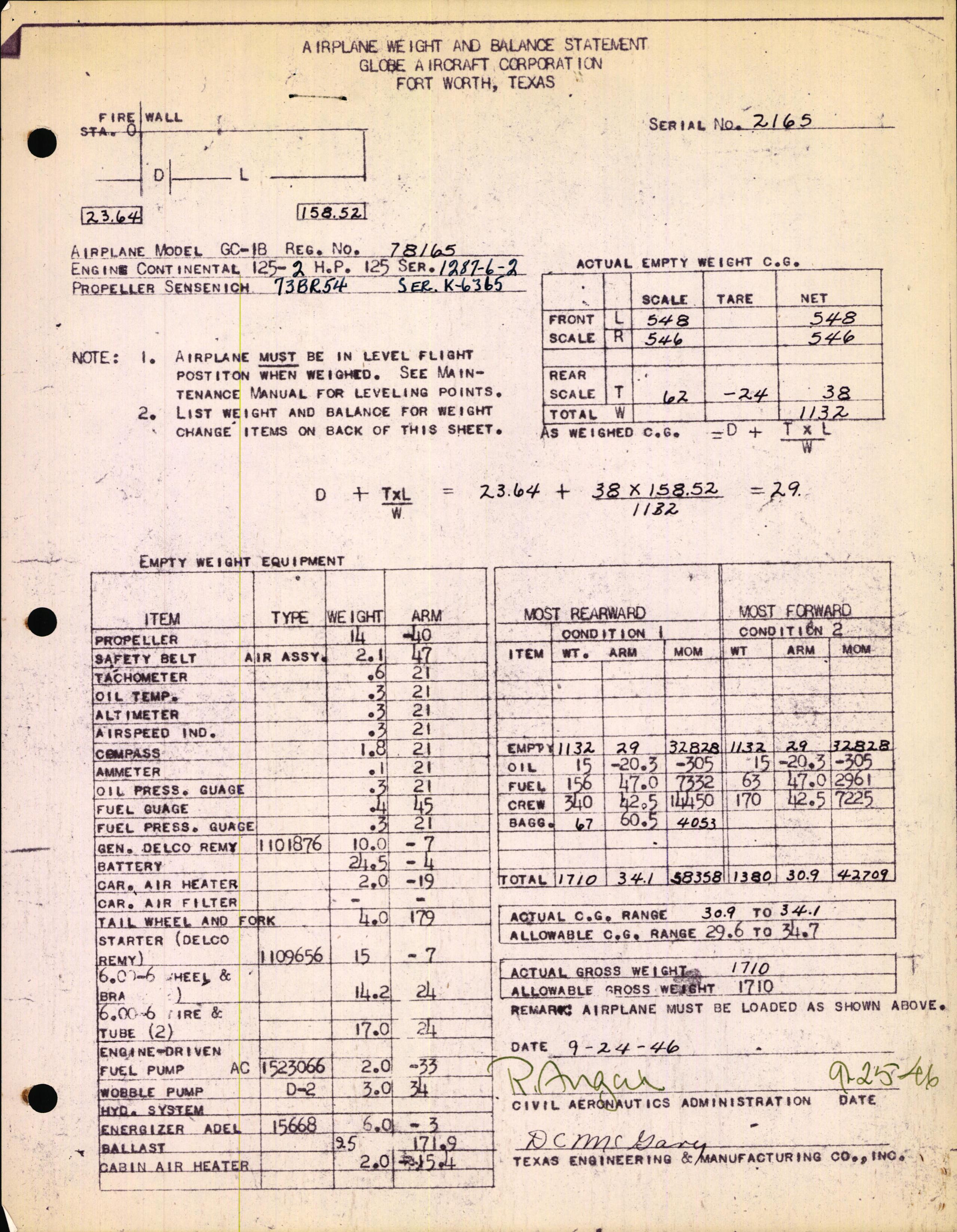 Sample page 1 from AirCorps Library document: Technical Information for Serial Number 2165
