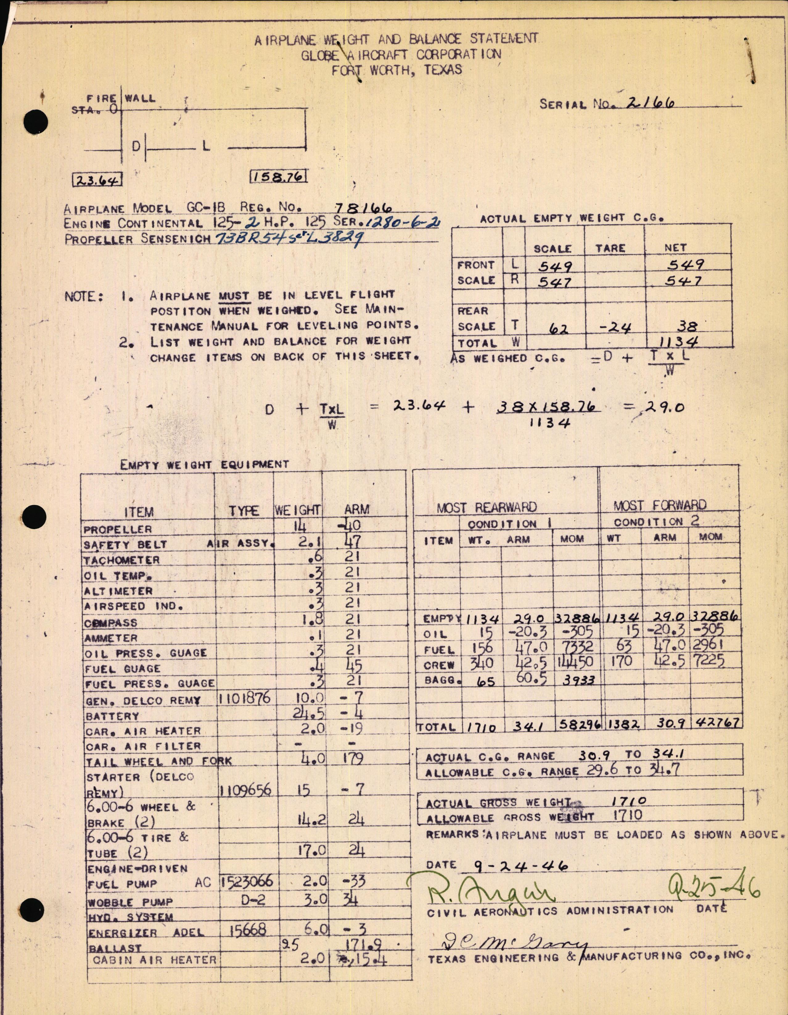 Sample page 1 from AirCorps Library document: Technical Information for Serial Number 2166
