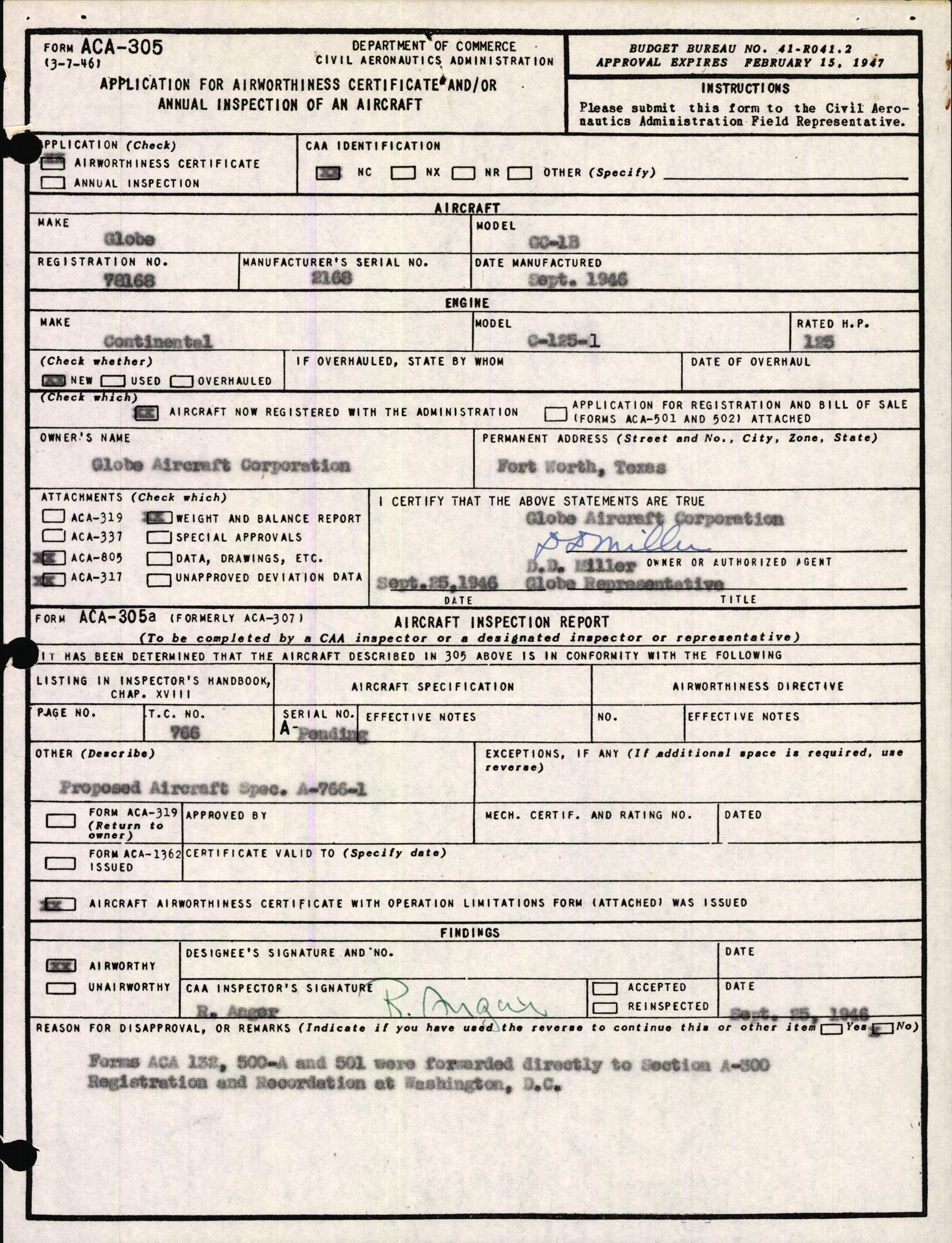 Sample page 1 from AirCorps Library document: Technical Information for Serial Number 2168