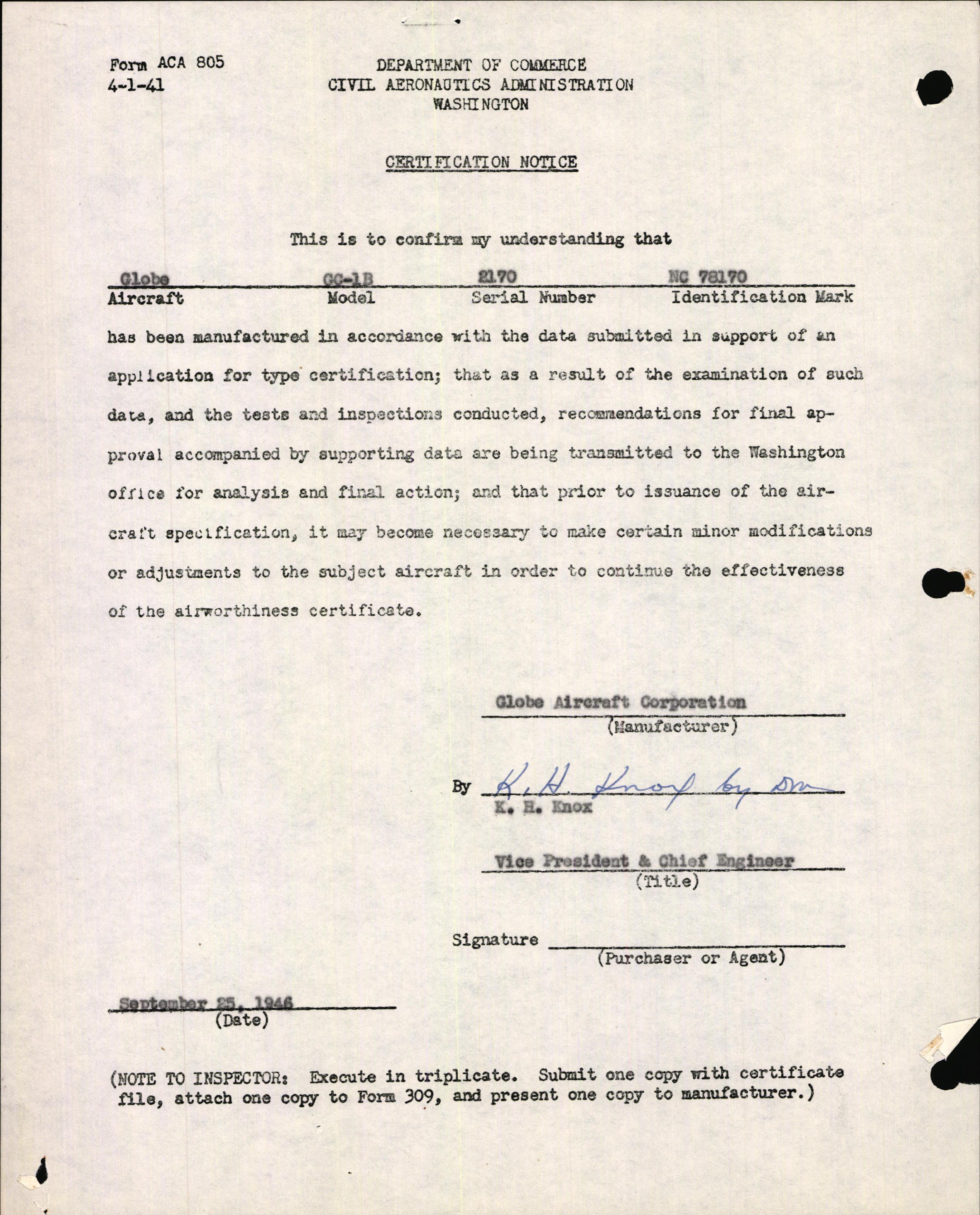 Sample page 1 from AirCorps Library document: Technical Information for Serial Number 2170