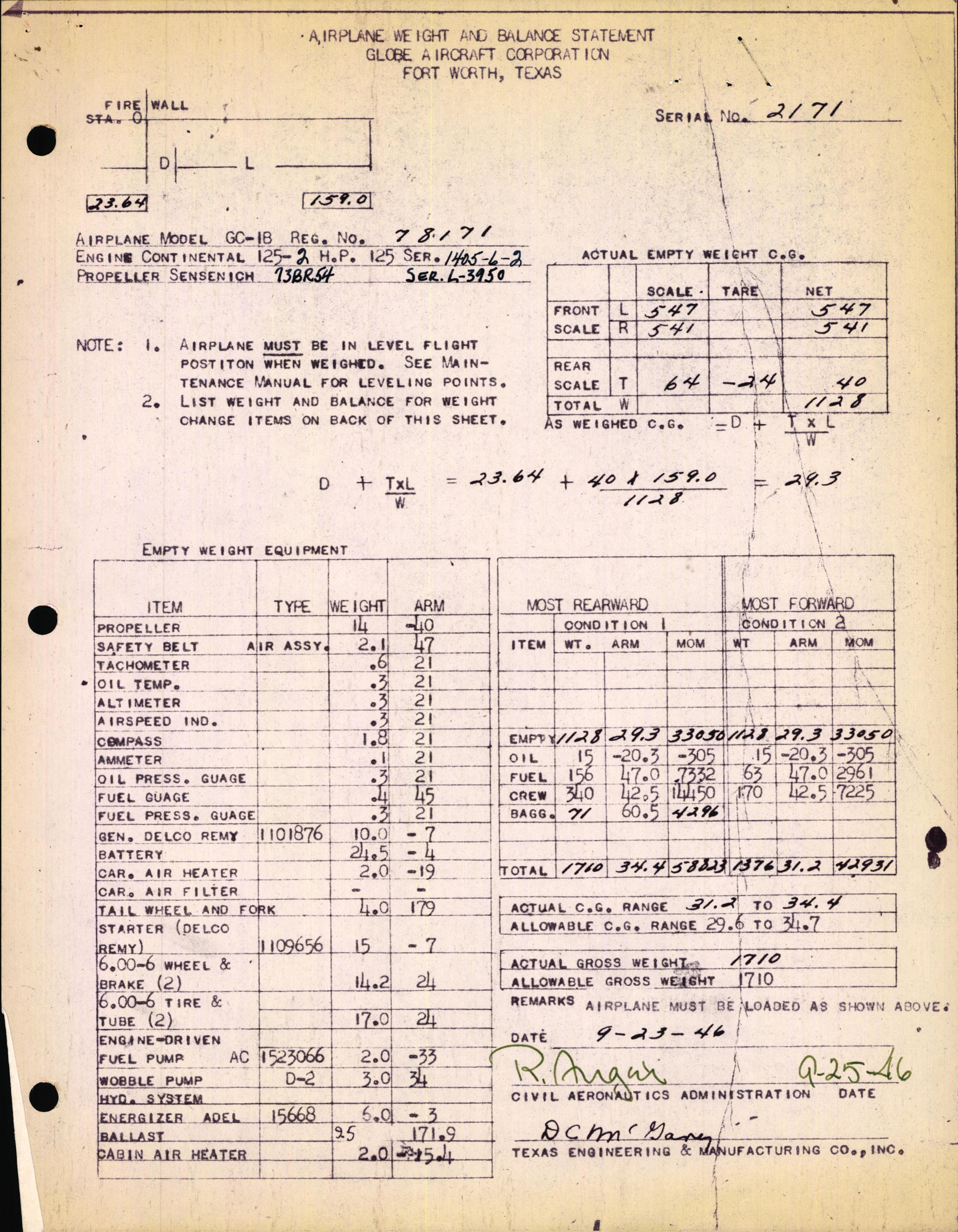 Sample page 1 from AirCorps Library document: Technical Information for Serial Number 2171