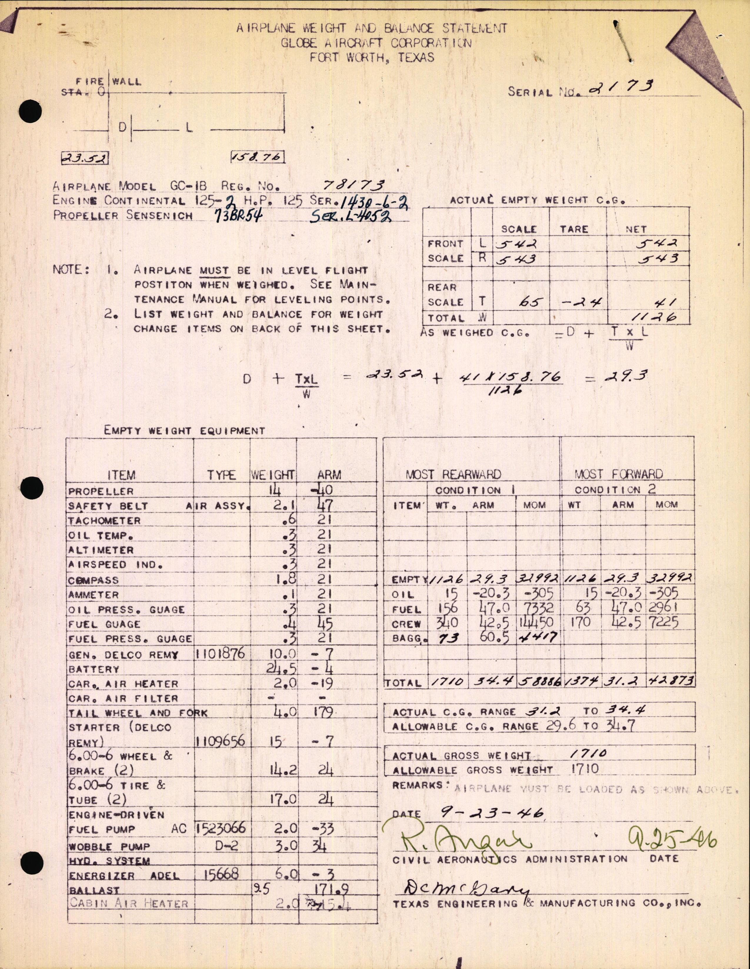 Sample page 1 from AirCorps Library document: Technical Information for Serial Number 2173