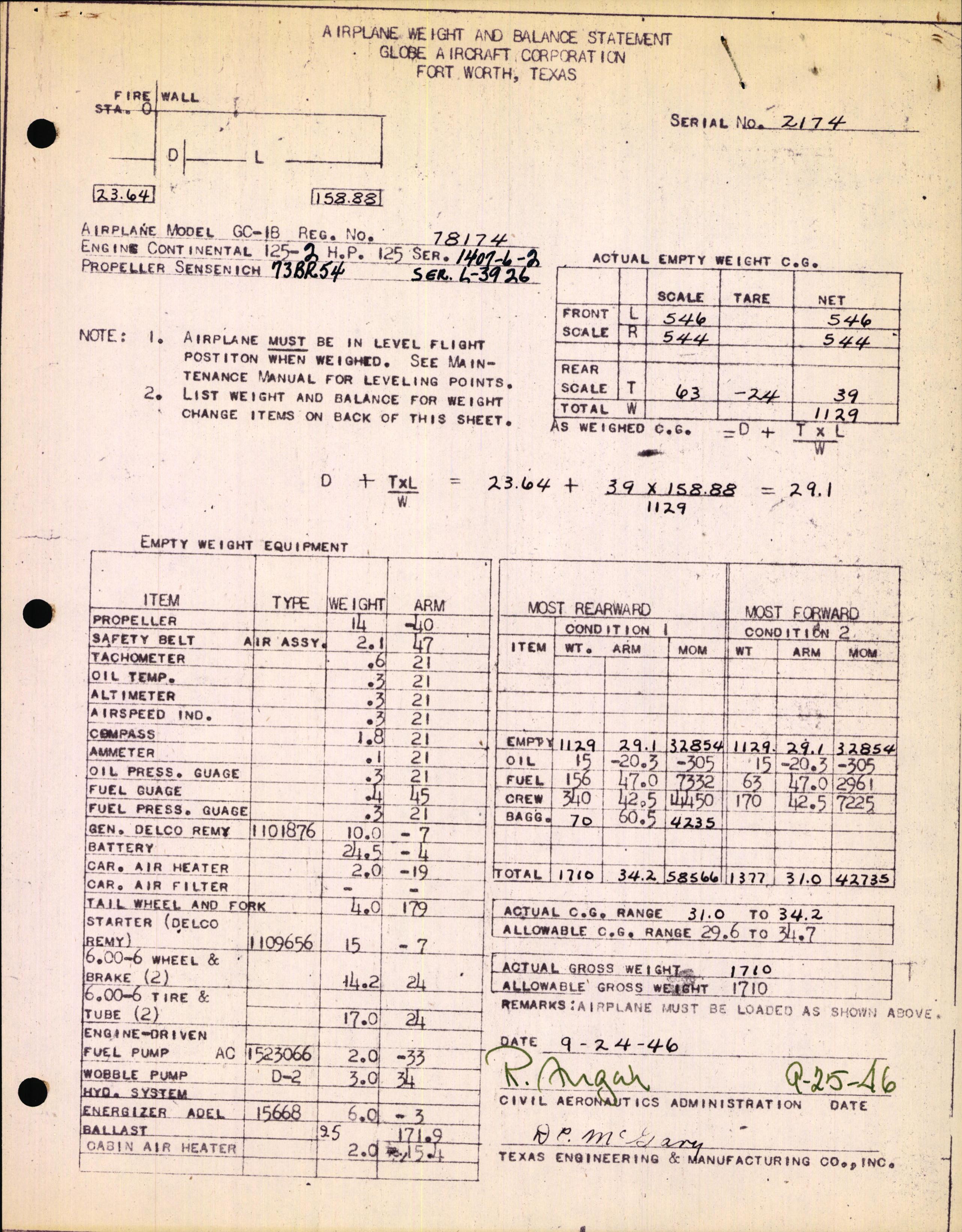 Sample page 1 from AirCorps Library document: Technical Information for Serial Number 2174