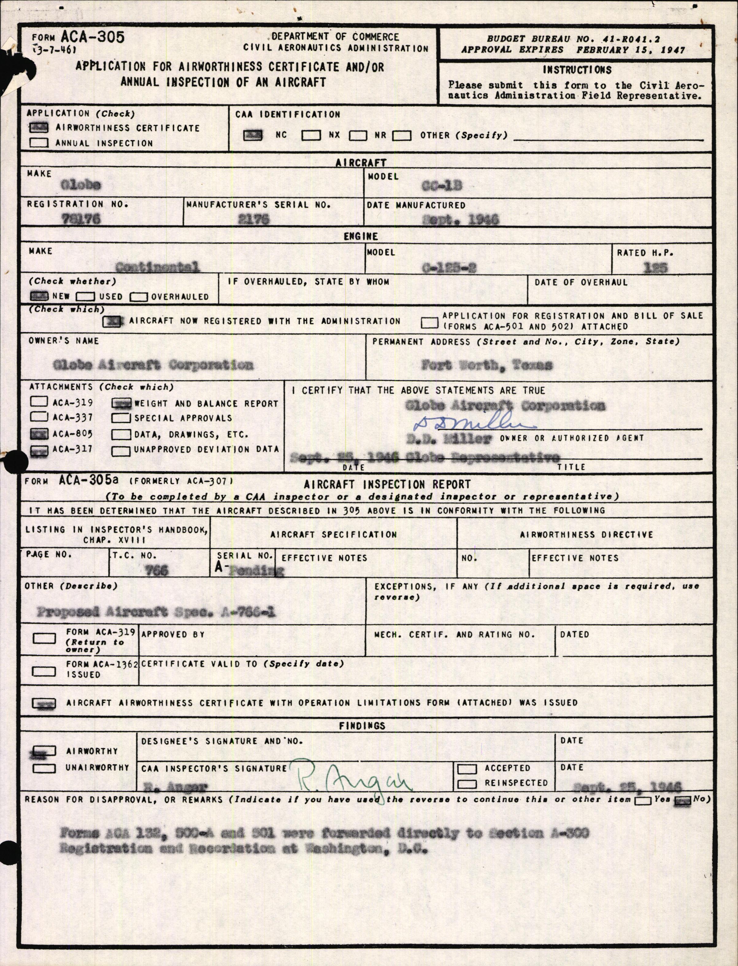 Sample page 1 from AirCorps Library document: Technical Information for Serial Number 2176