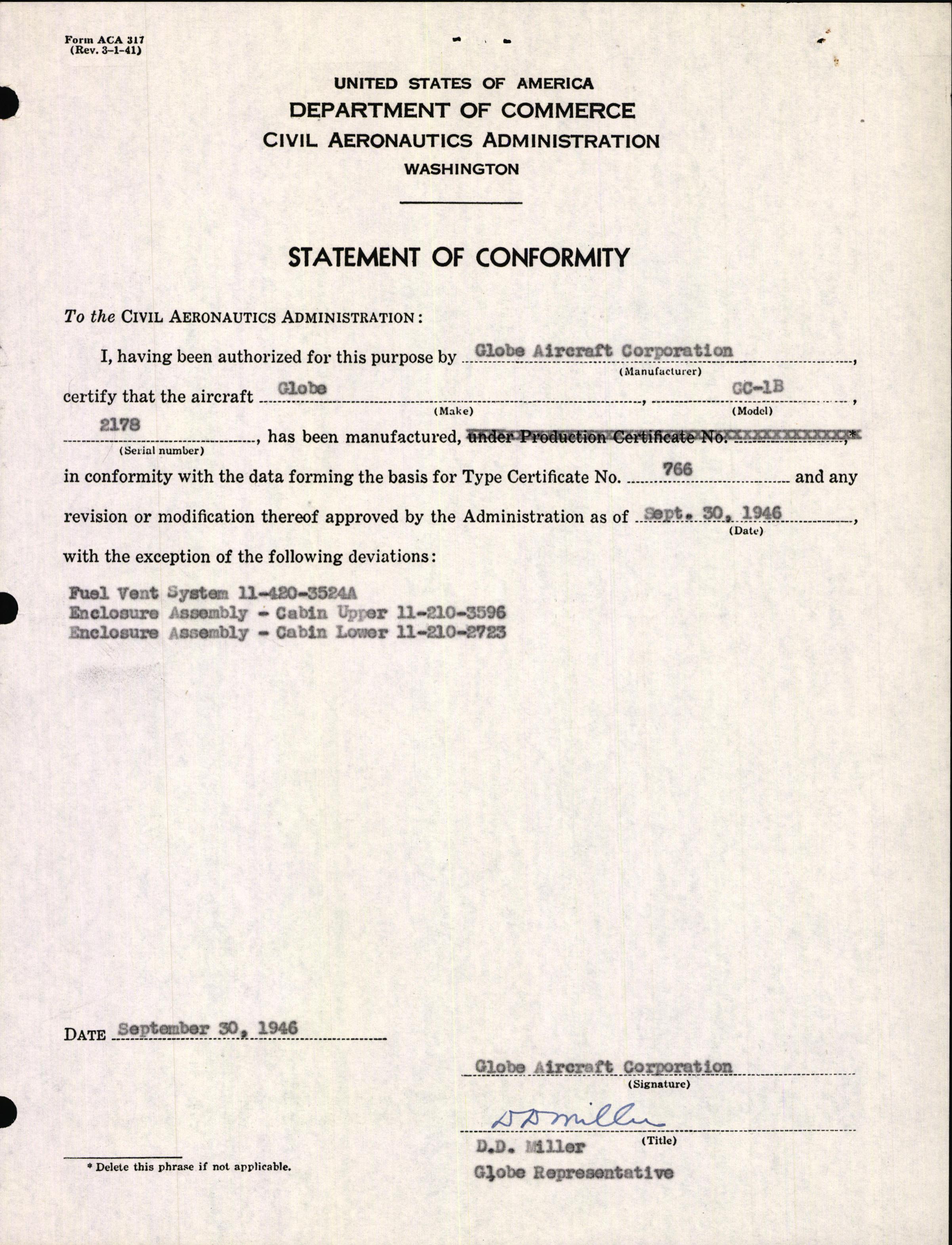 Sample page 1 from AirCorps Library document: Technical Information for Serial Number 2178